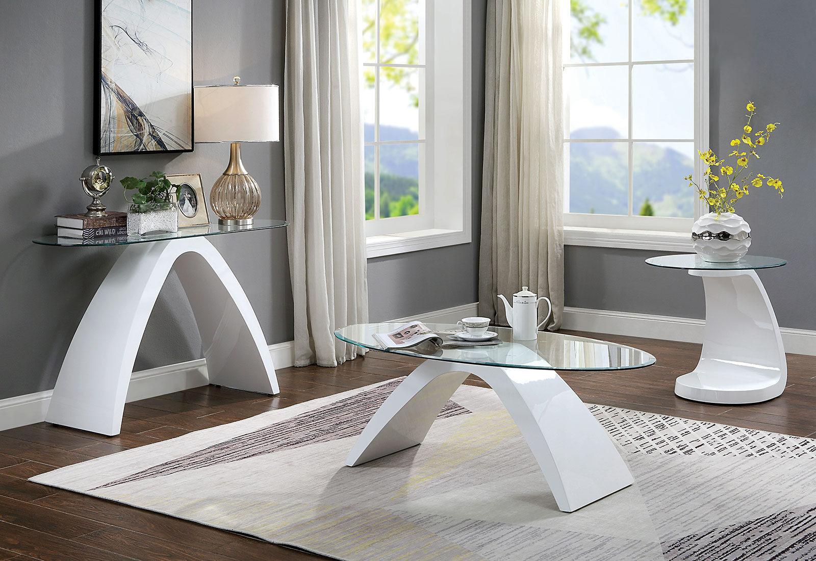 

    
Contemporary White Tempered Glass Top Coffee Table Set 3pcs Furniture of America Nahara
