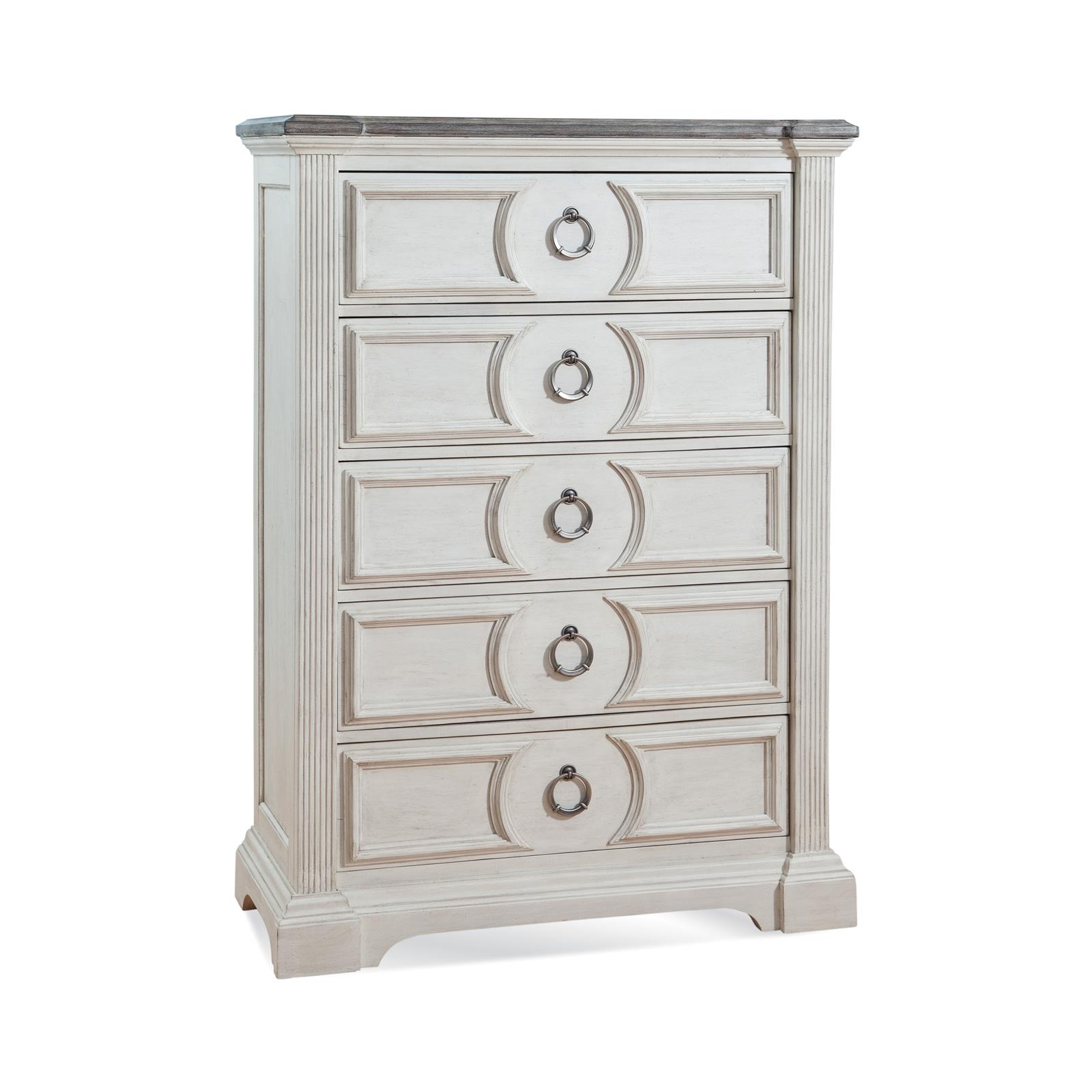 

    
Cottage Antique White Finish 5 Drawer Chest BRIGHTEN American Woodcrafters

