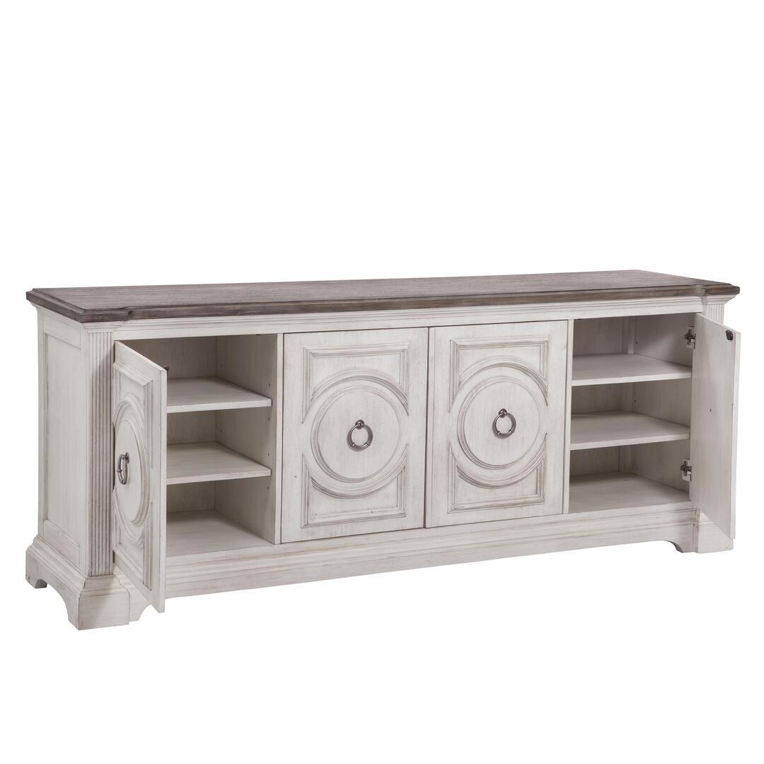 

        
American Woodcrafters BRIGHTEN Entertainment Console Antique White  810040451829
