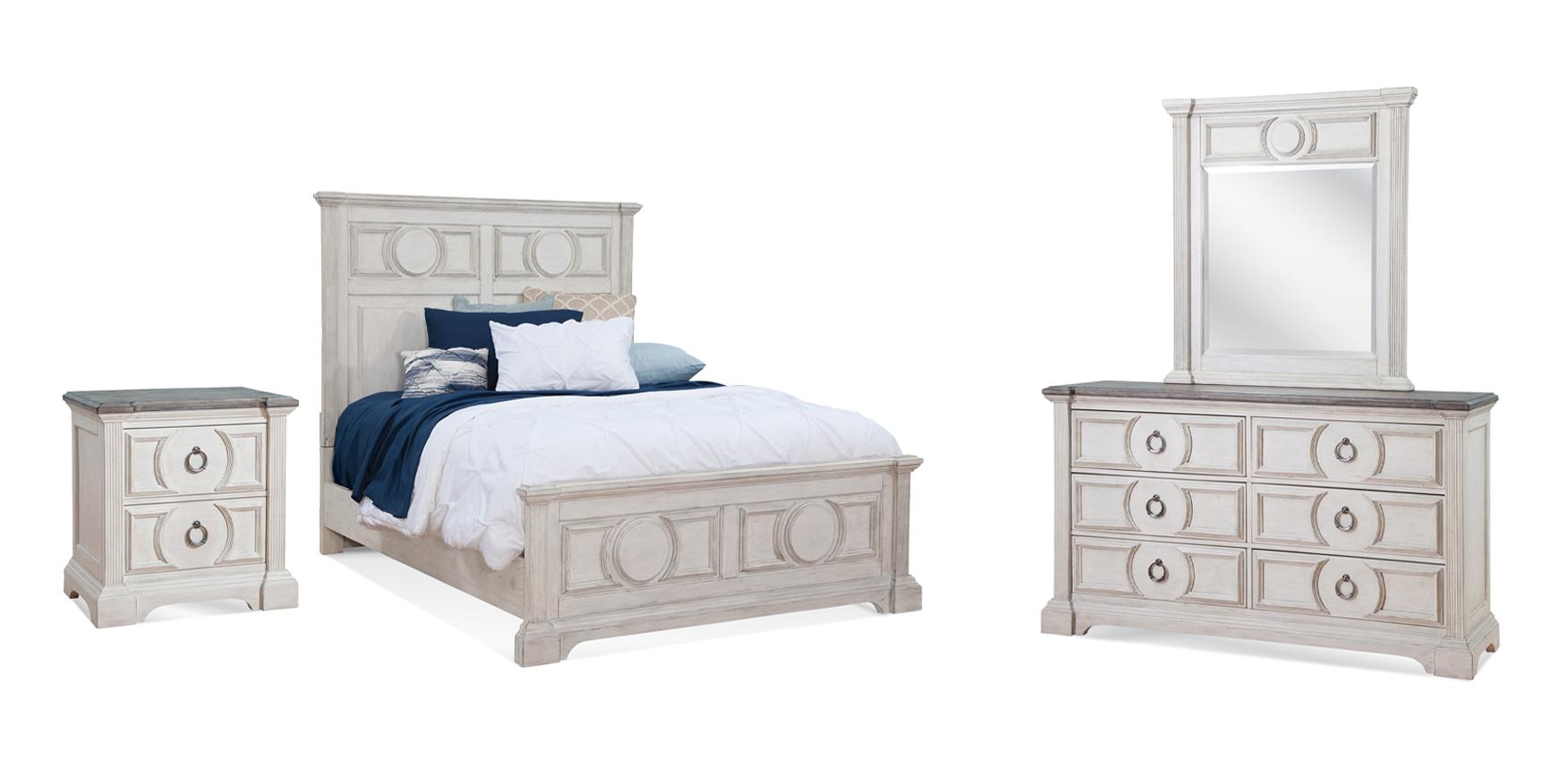 

    
Cottage Antique White Finish King Panel Bedroom Set 4Pcs BRIGHTEN American Woodcrafters
