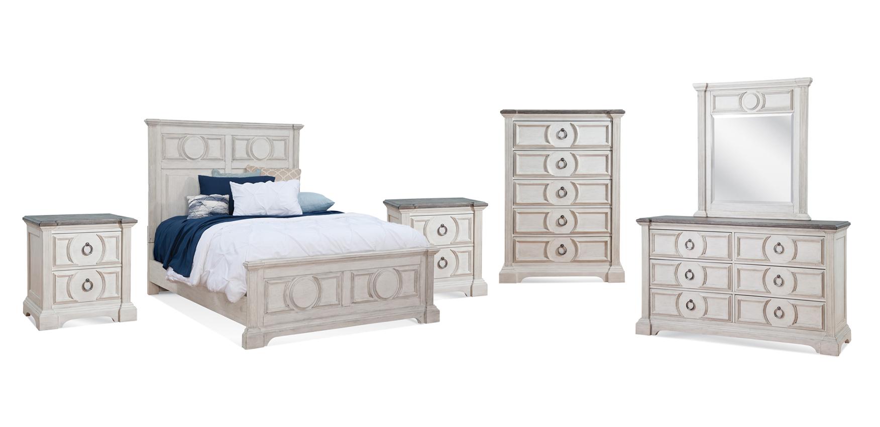 

    
Cottage Antique White Finish King Panel Bedroom Set 6Pcs BRIGHTEN American Woodcrafters
