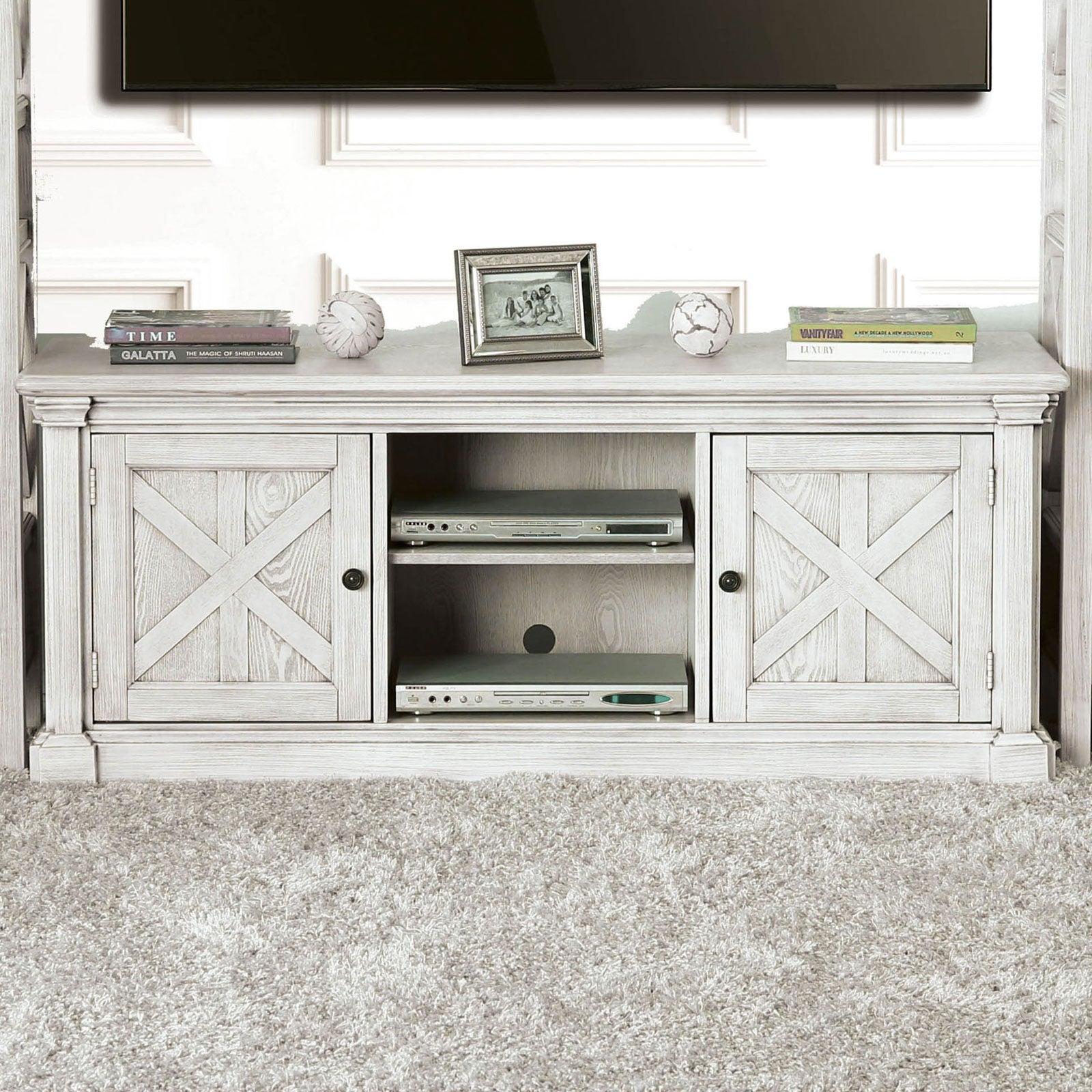 

    
Cottage Antique White Solid Wood 60" TV Stand Furniture of America CM5089-TV-60 Georgia
