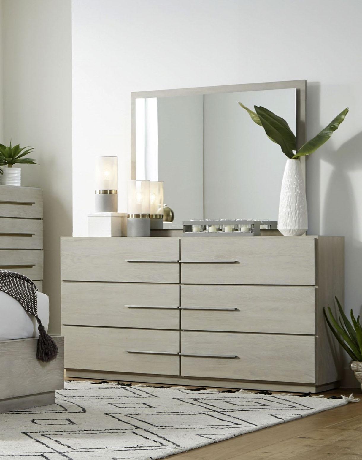 

    
Cotton Grey Finish Matte Topcoat  Dresser & Mirror  Set 2Pcs DESTINATION by Modus Furniture
