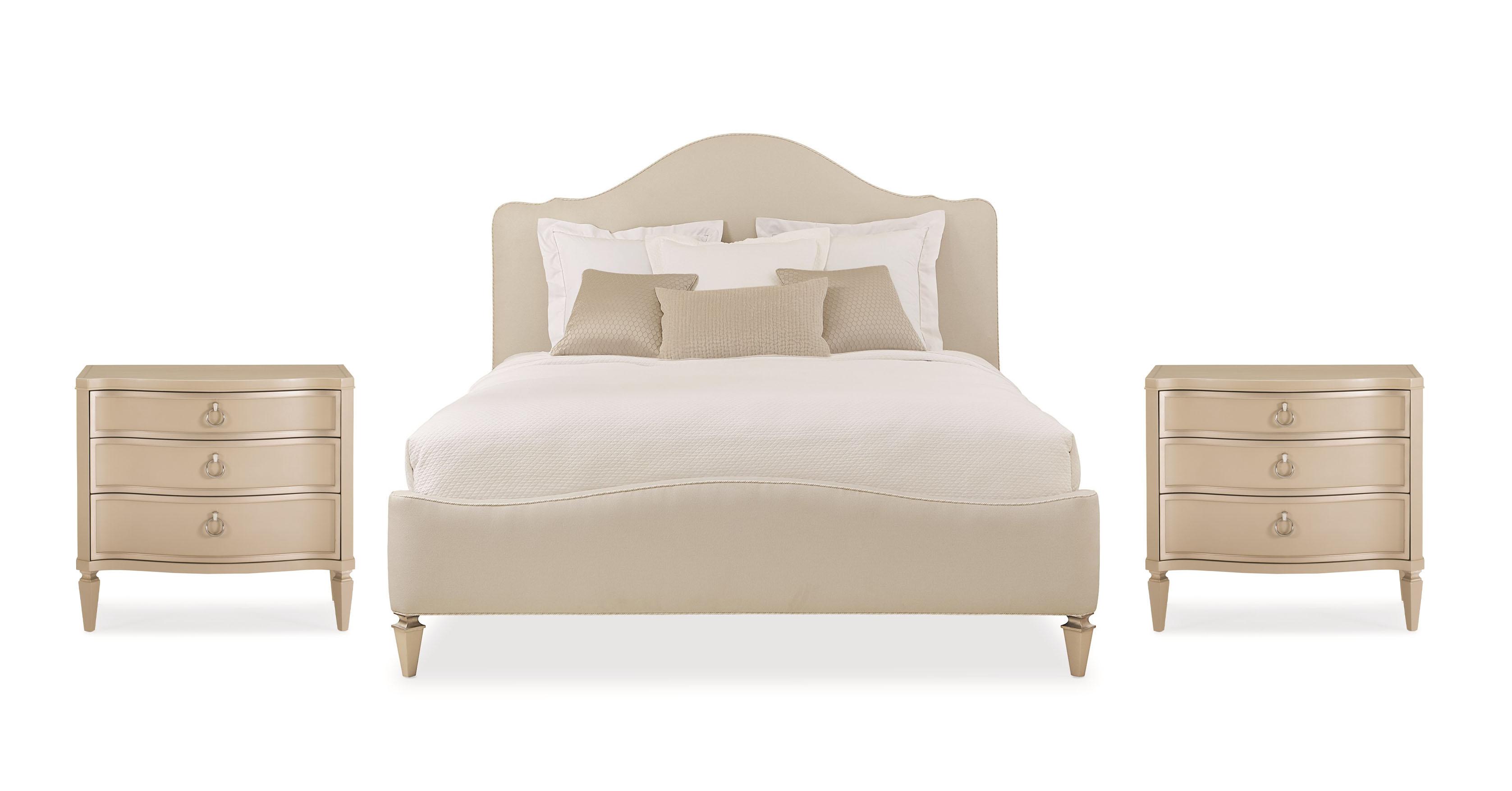 

    
Cream Finish Camel-Back Headboard King Bed Set 3Pcs A NIGHT IN PARIS / NEXT TO ME by Caracole
