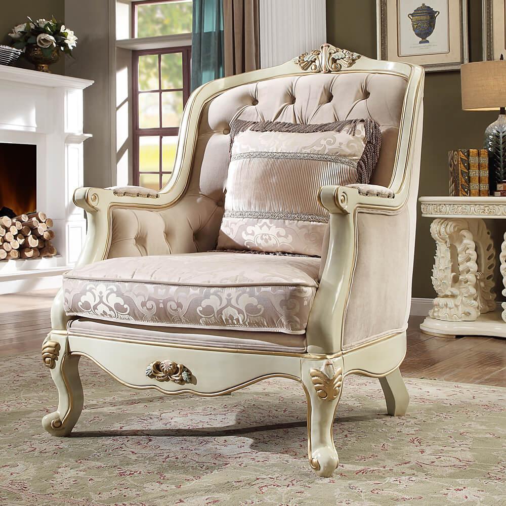 

    
Cream Chenille Armchair Bone Carved Wood Traditional Homey Design HD-2011
