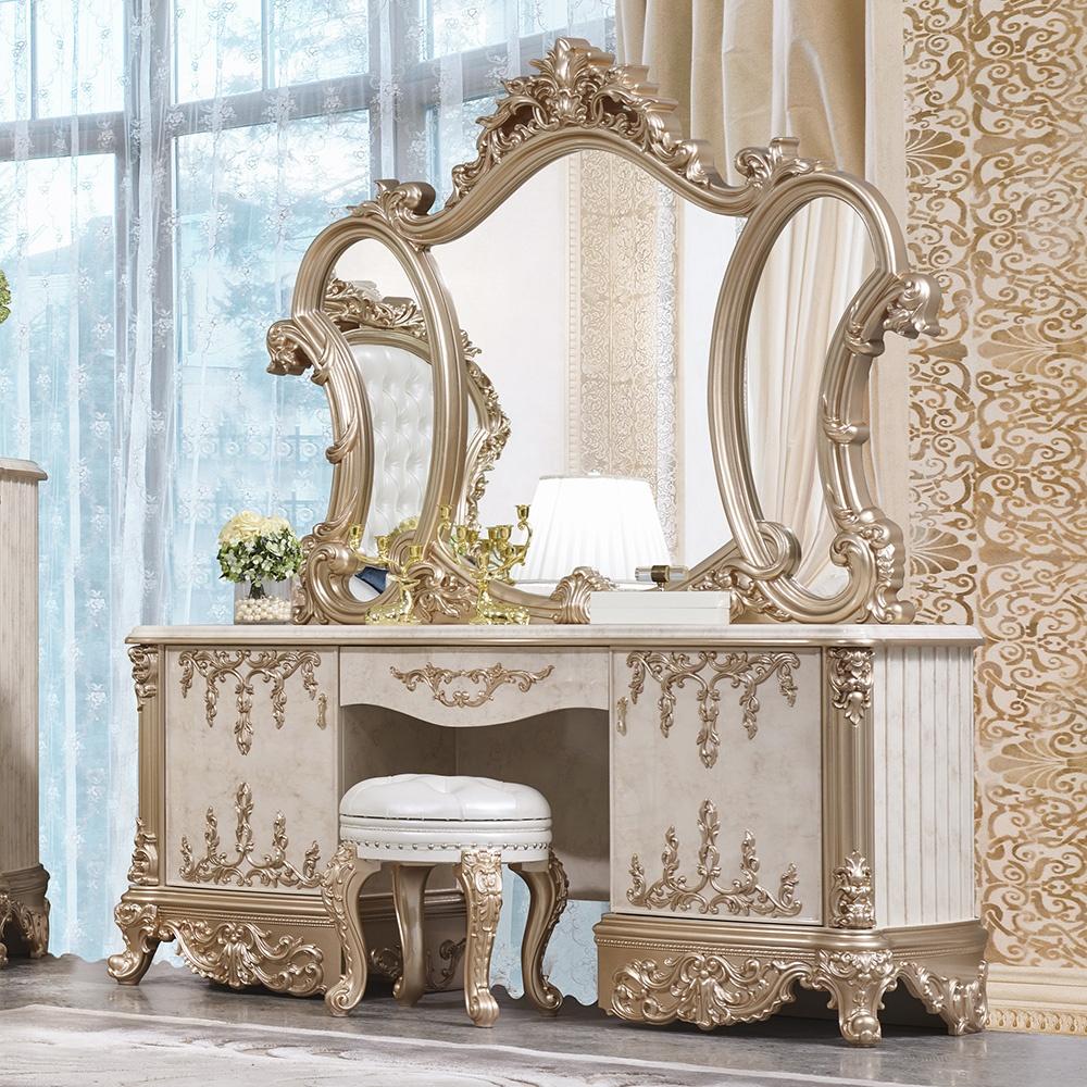 Traditional Dresser Mirror and Stool Set HD-9102-D-3PC HD-9102-D-3PC in White, Gold Leather
