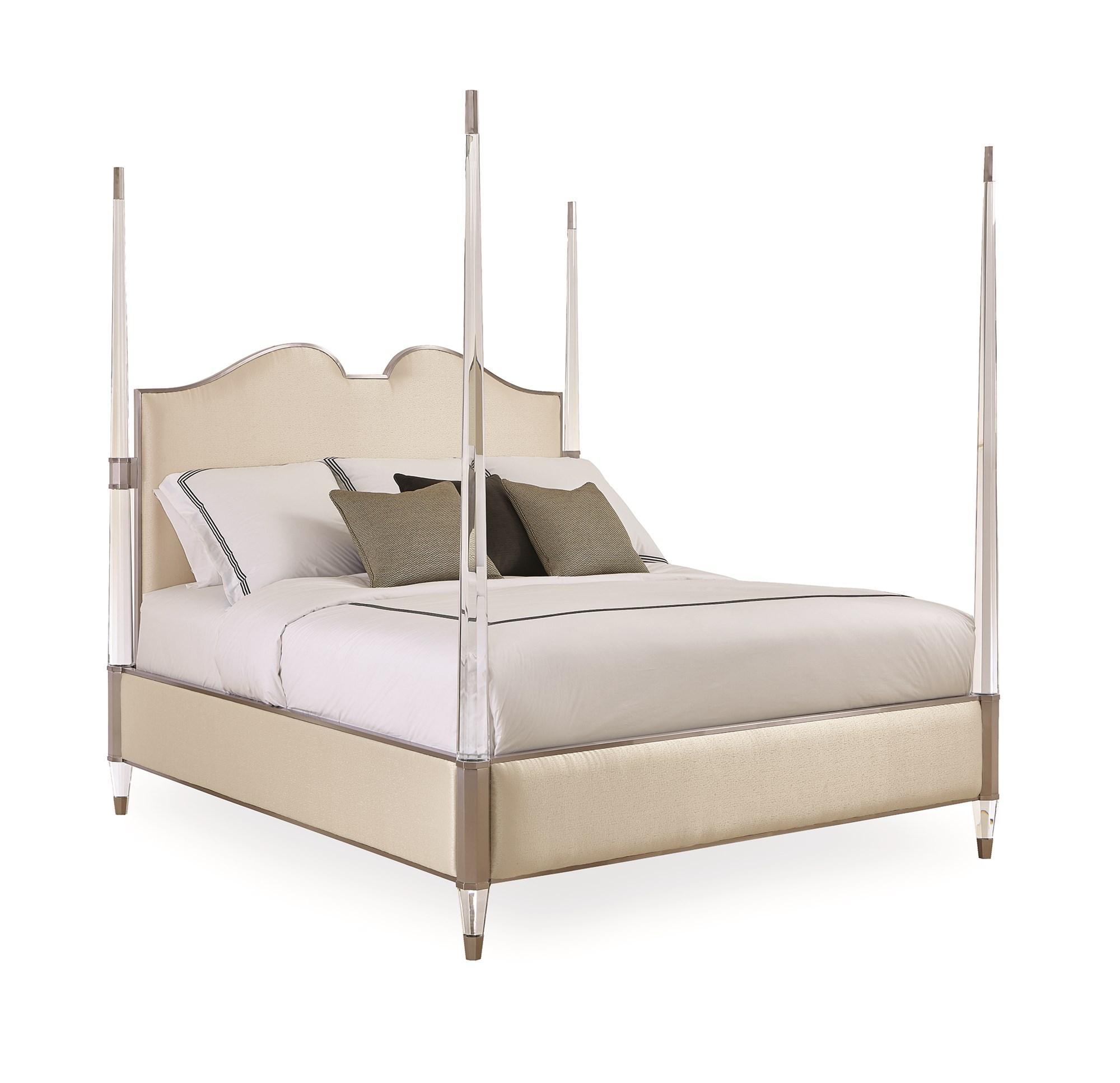 

    
Cream Finish Upholstered Headboard CAL King Poster Bed THE POST IS CLEAR by Caracole
