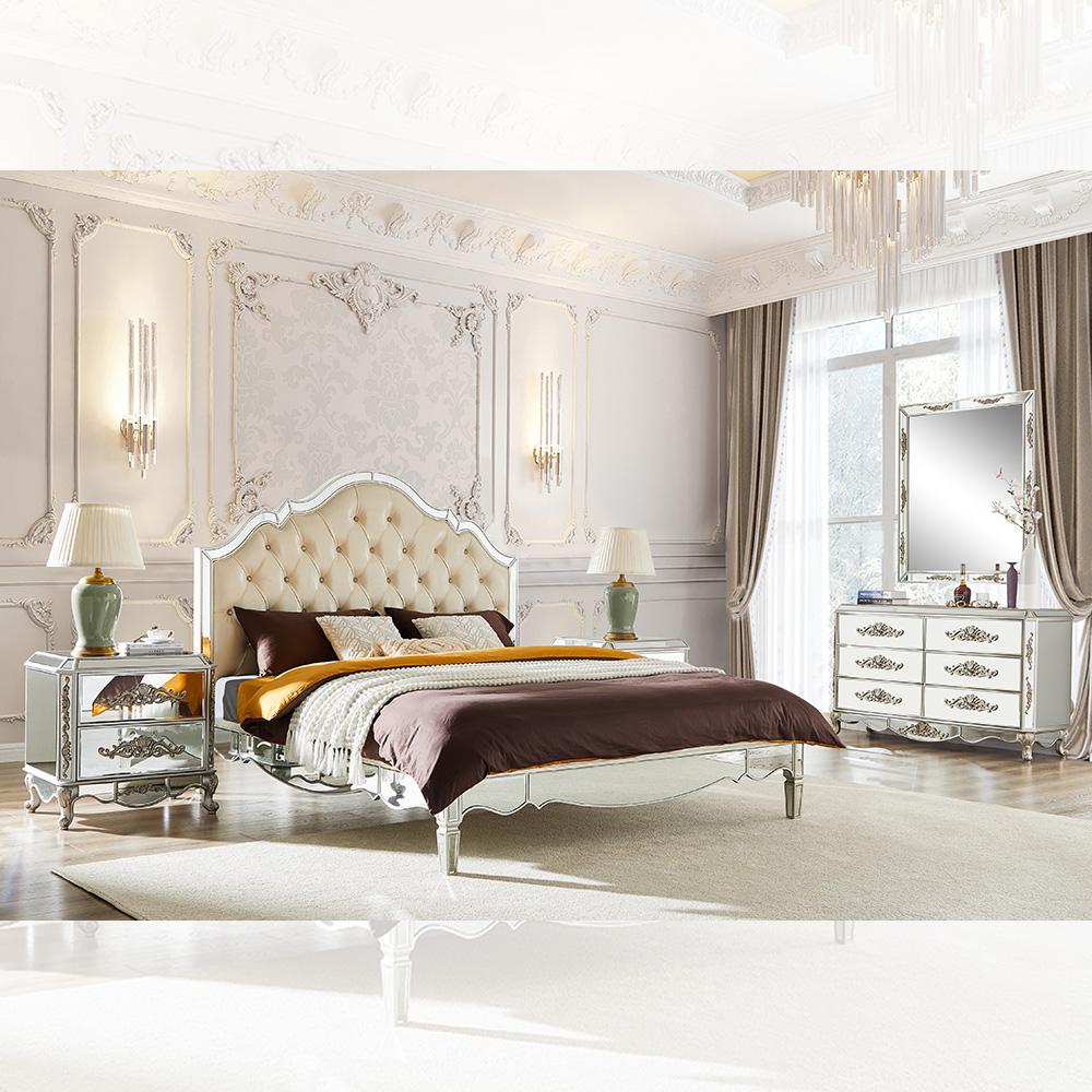

    
Cream Leather & Mirror Tufted Headboard CAL King Bedroom Set 5 Pcs Homey Design HD-2800

