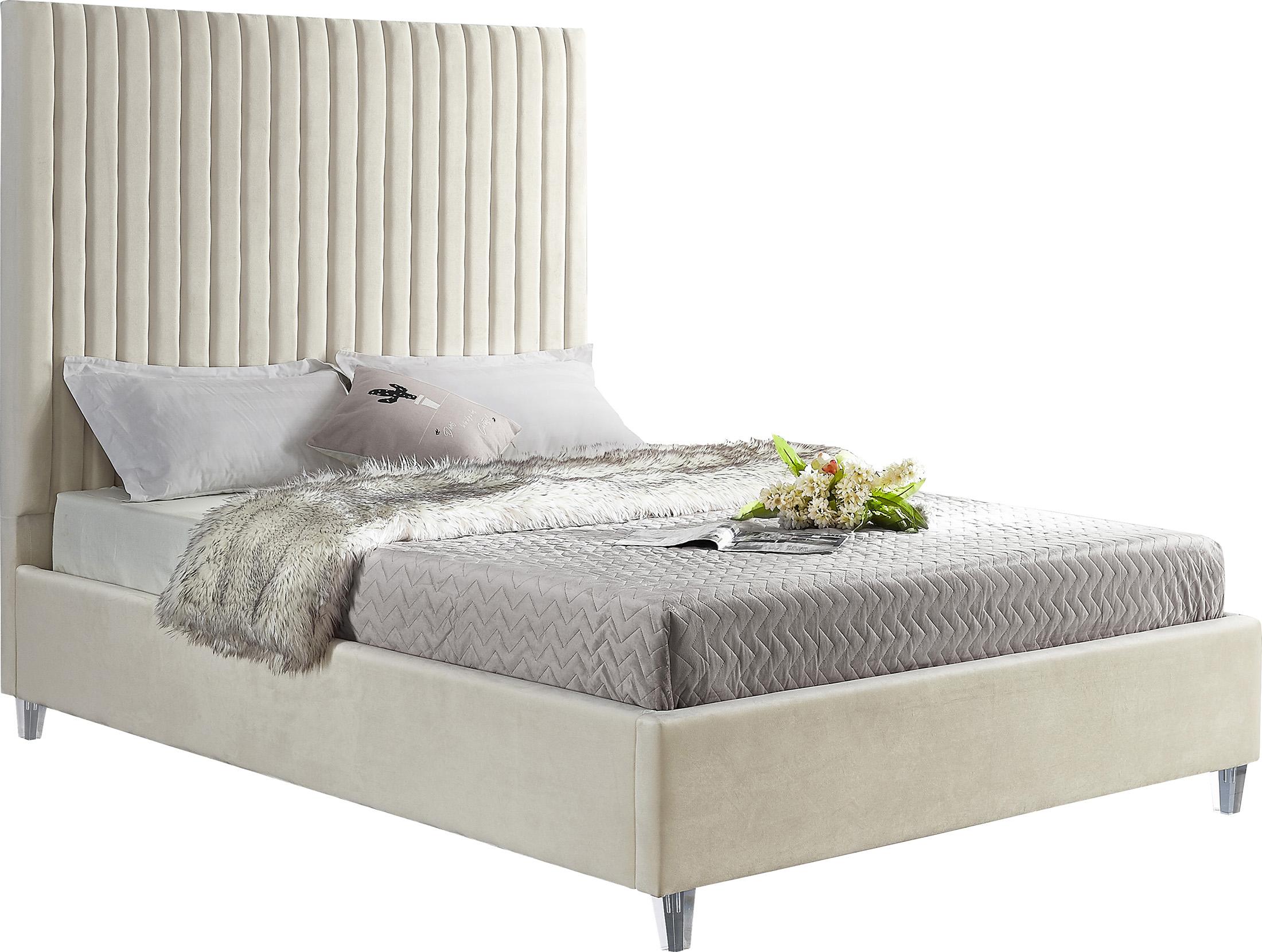 

    
CREAM Velvet Channel Tufted Platform Queen Bed Candace Meridian Contemporary
