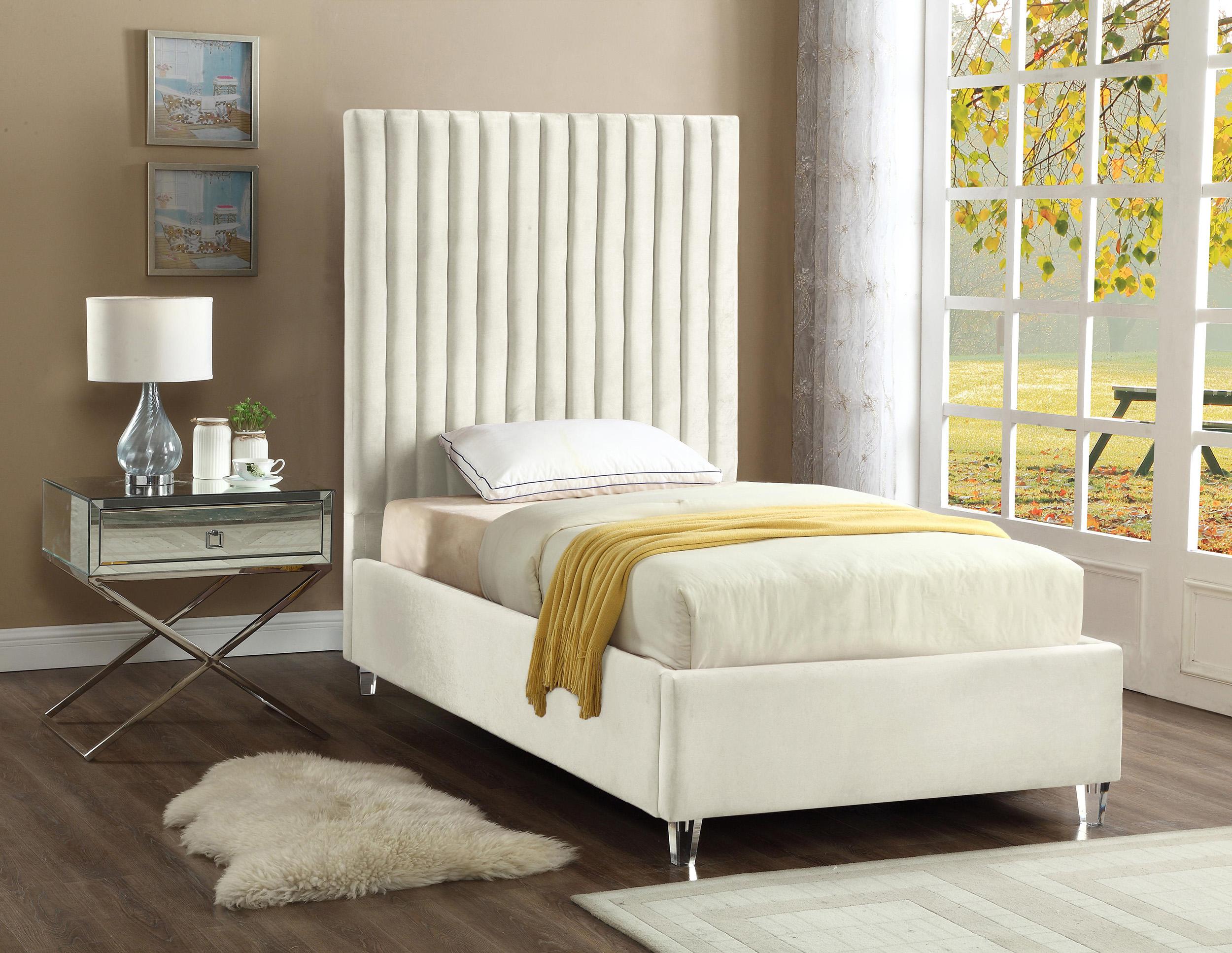 

    
CREAM Velvet Channel Tufted Platform Twin Bed Candace Meridian Contemporary
