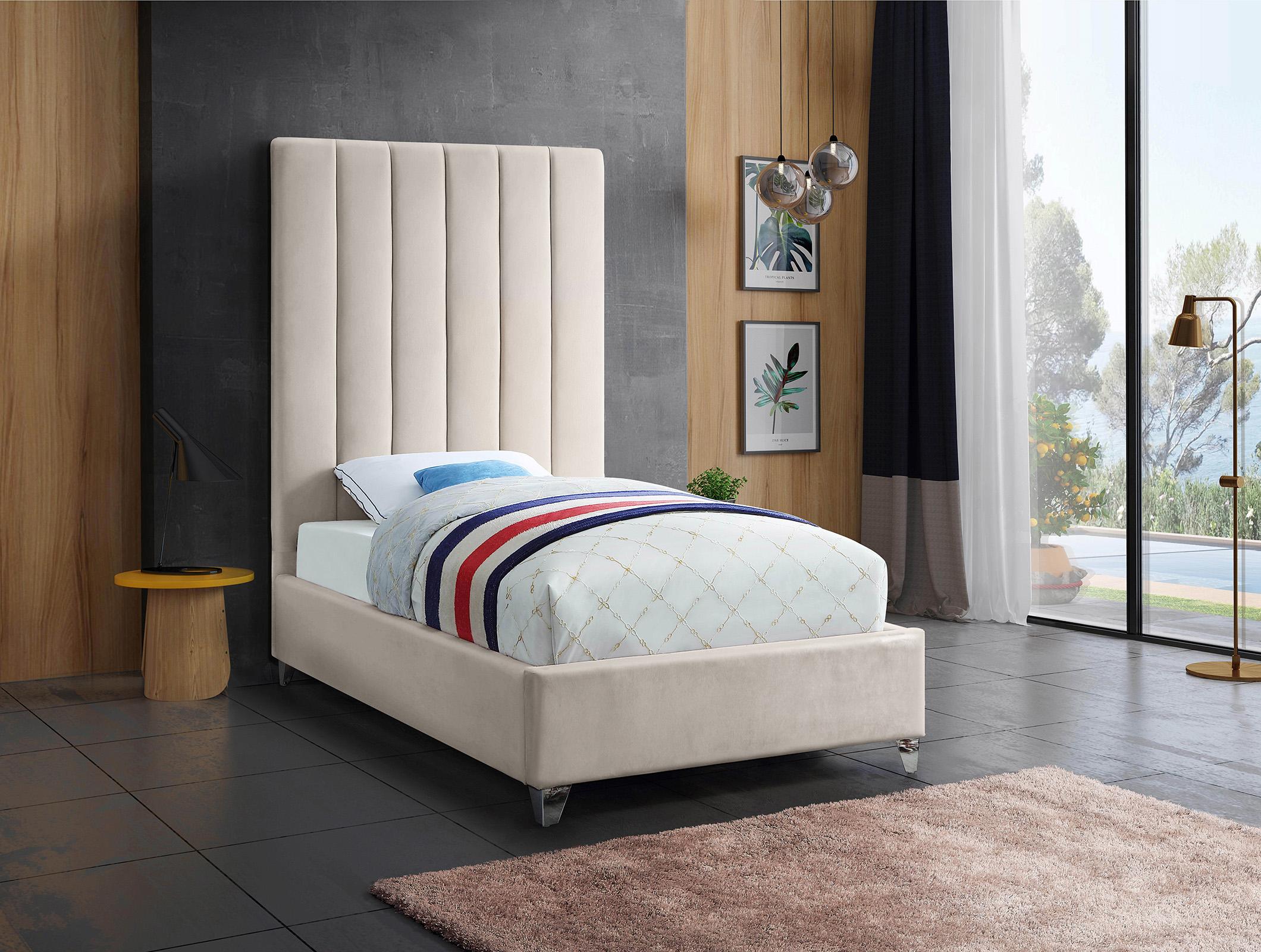 

    
Cream Velvet Channel Tufted Twin Bed VIA Meridian Contemporary Modern
