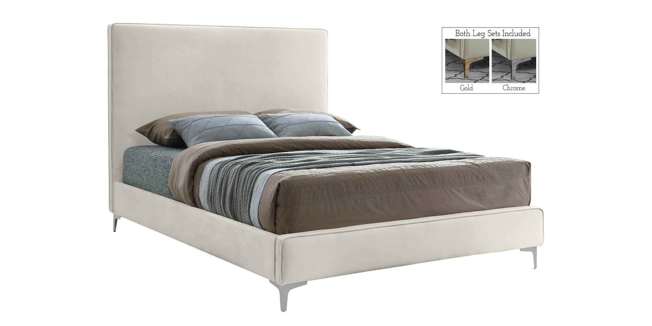

    
Cream Velvet Gold & Chrome Legs Platform Queen Bed GeriCream-Q Meridian Modern
