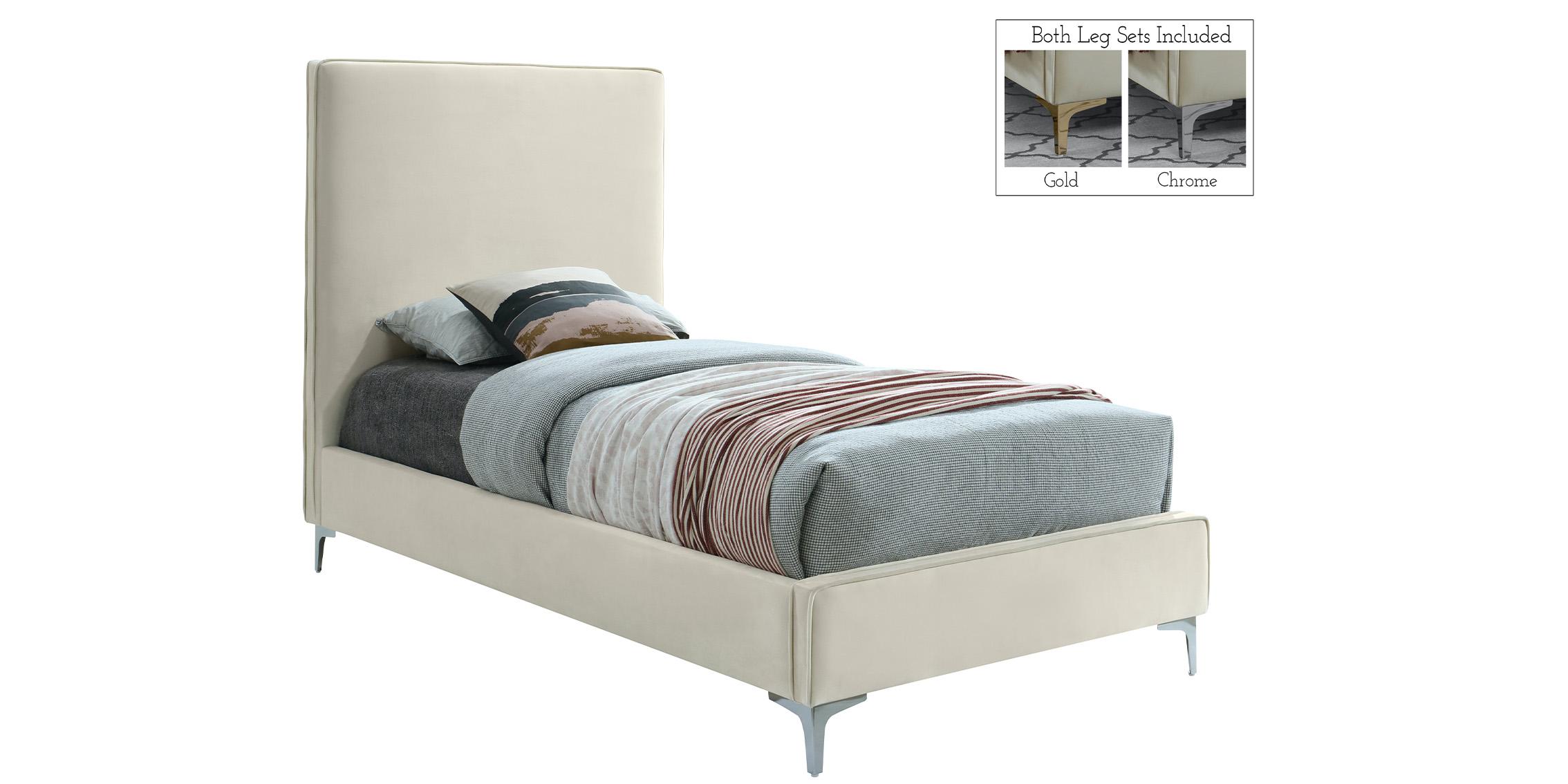 

    
Cream Velvet Gold & Chrome Legs Platform Twin Bed GeriCream-T Meridian Modern
