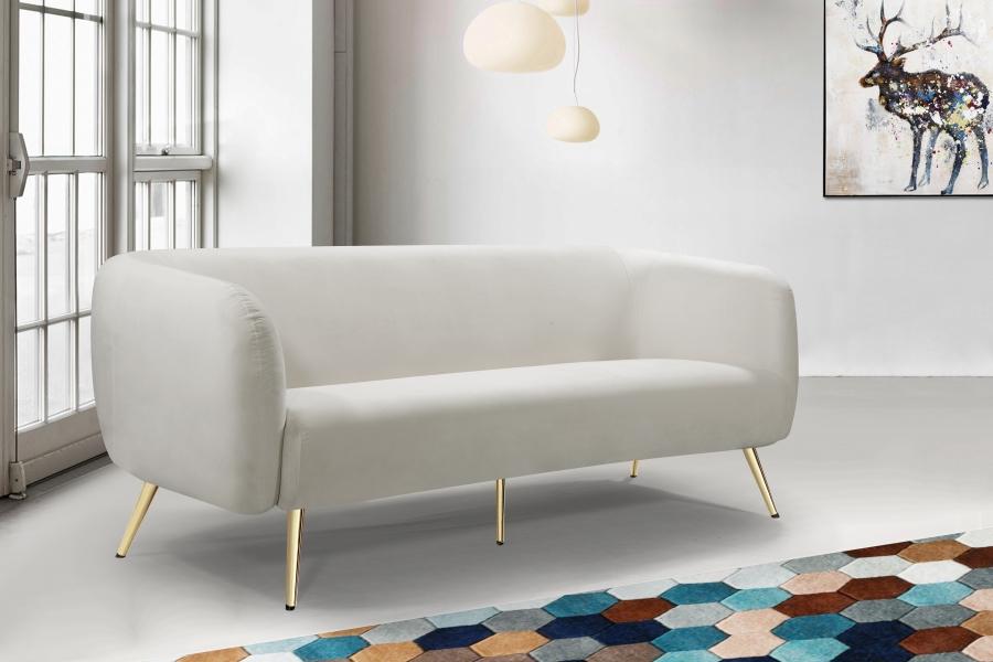 

    
Cream Velvet Gold Metal Legs Sofa Classic Meridian Furniture Harlow
