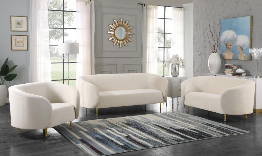 

    
Cream Velvet Gold Steel Legs Sofa Loveseat & Chair Meridian Furniture Lavilla
