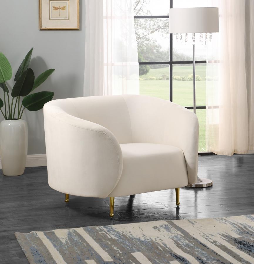 

    
 Order  Cream Velvet Gold Steel Legs Sofa Loveseat & Chair Meridian Furniture Lavilla
