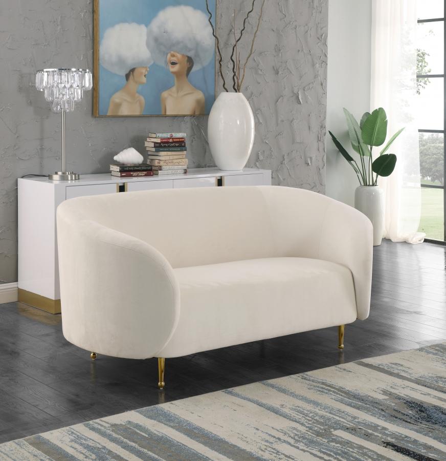 

        
00704831400885Cream Velvet Gold Steel Legs Sofa Loveseat & Chair Meridian Furniture Lavilla
