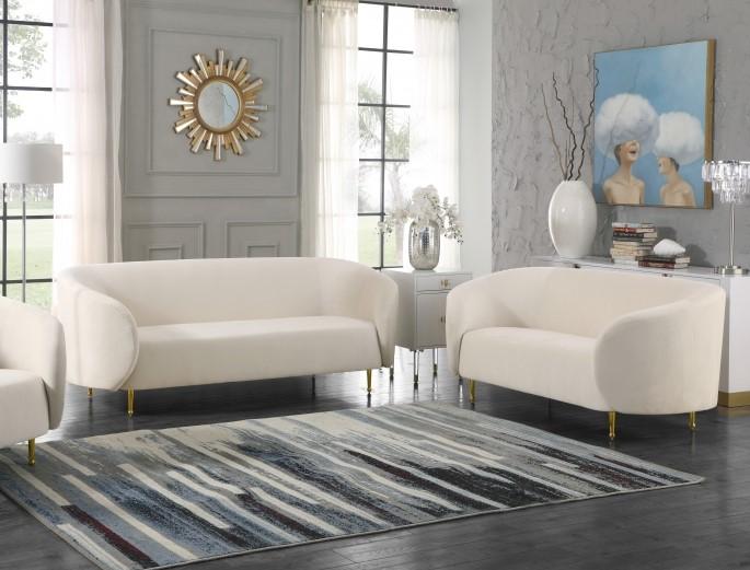 

    
Cream Velvet Gold Steel Legs Sofa & Loveseat Set 2Pcs Meridian Furniture Lavilla
