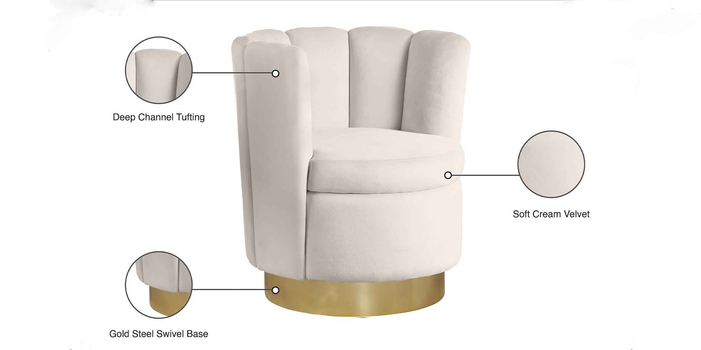 

    
Cream Velvet & Gold Swivel Base Chair LILY 578Cream Meridian Contemporary Modern
