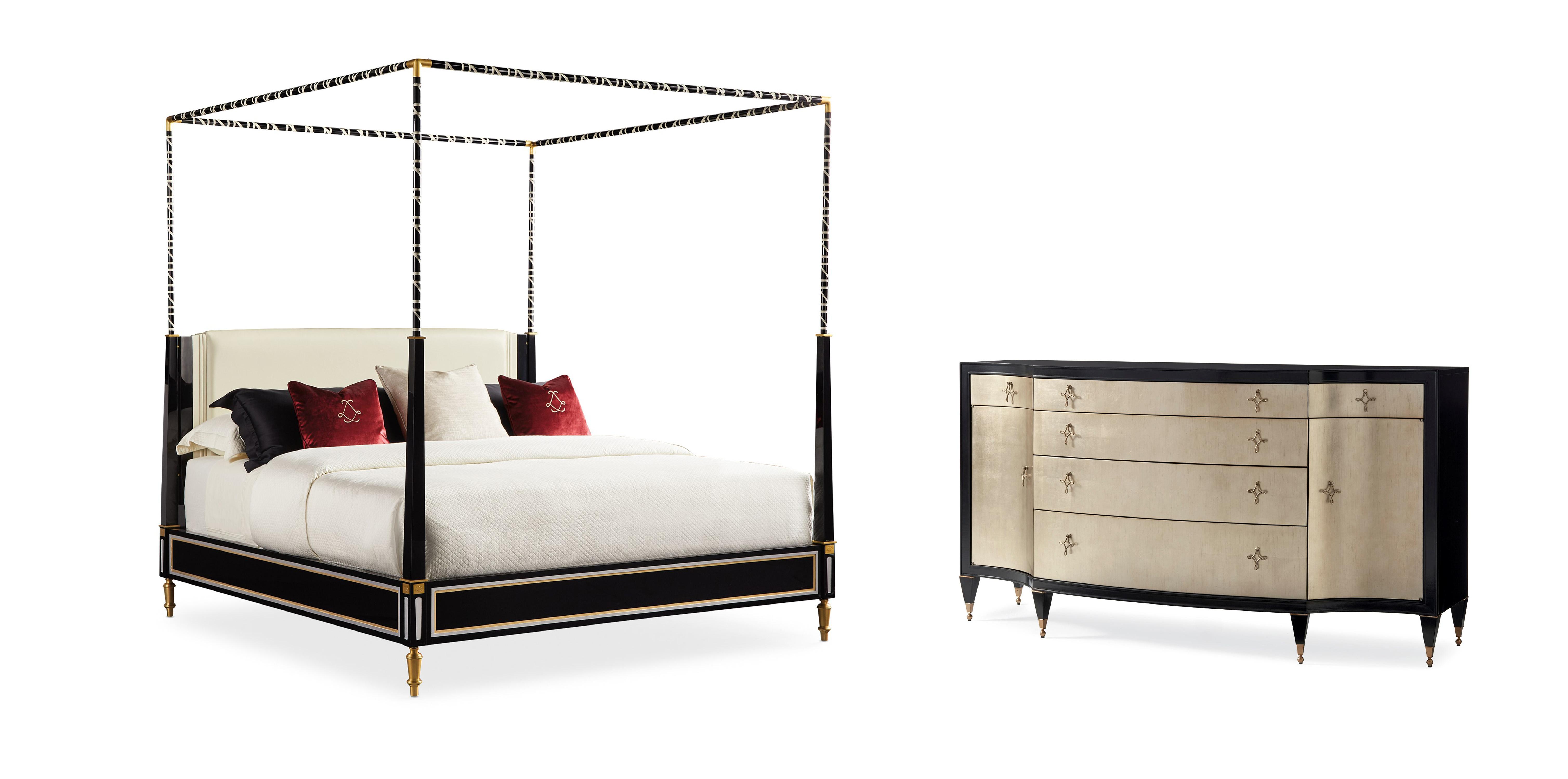 

    
Creme Leather & Black Lacquer Finish King Size Bed Set 2Pcs THE COUTURIER CANOPY BED / OPPOSITES ATTRACT by Caracole

