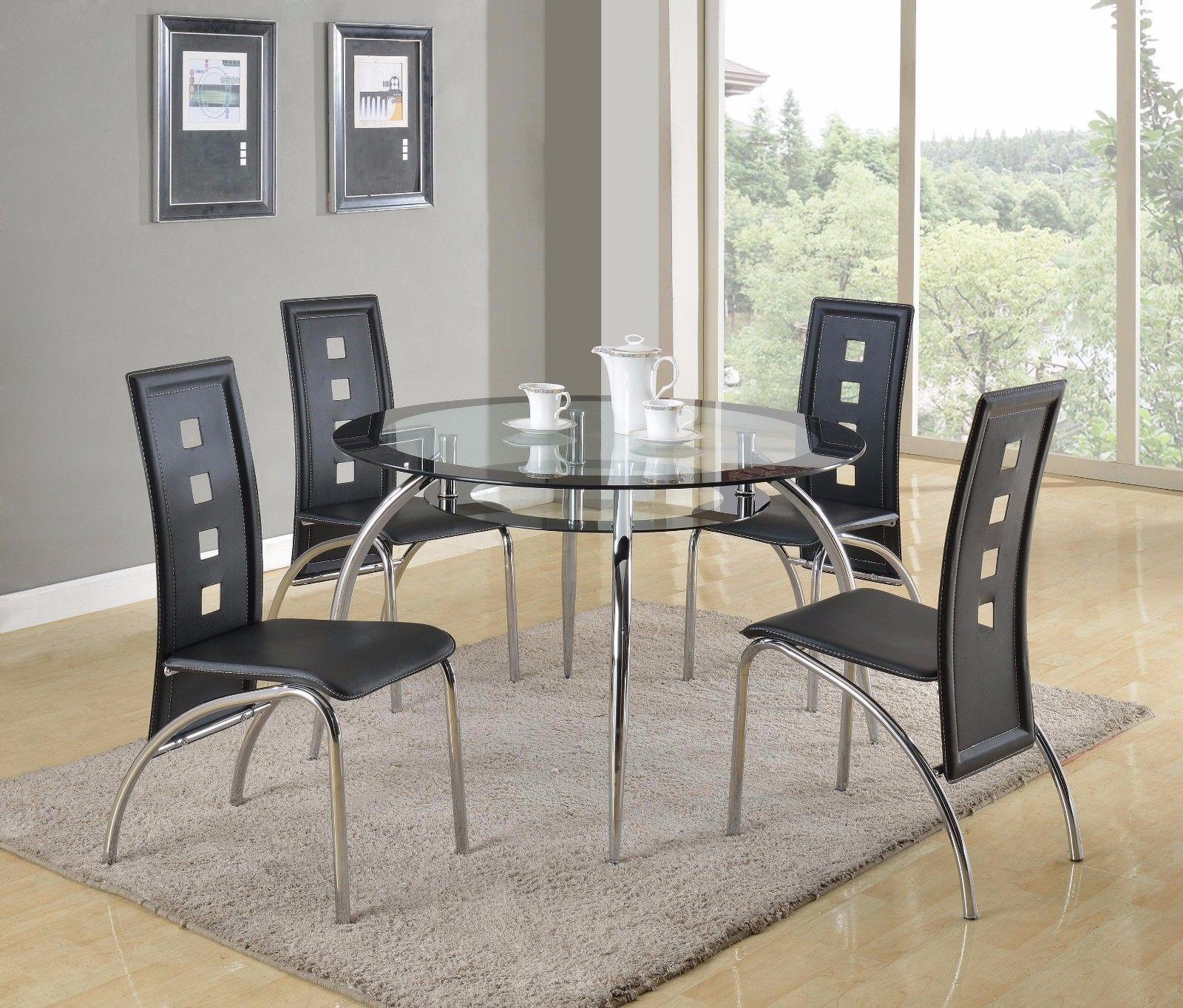 

    
Crown Mark 1270 Mila Modern Round Glass Table Black Leather Dining Room Set 5Pcs
