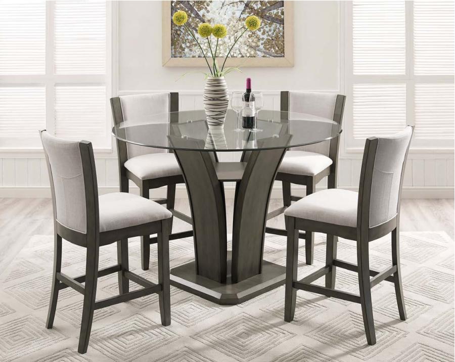 

    
Crown Mark 1710GY-5P Camelia Grey Round Glass Top Counter Height Table Set 5 Pcs
