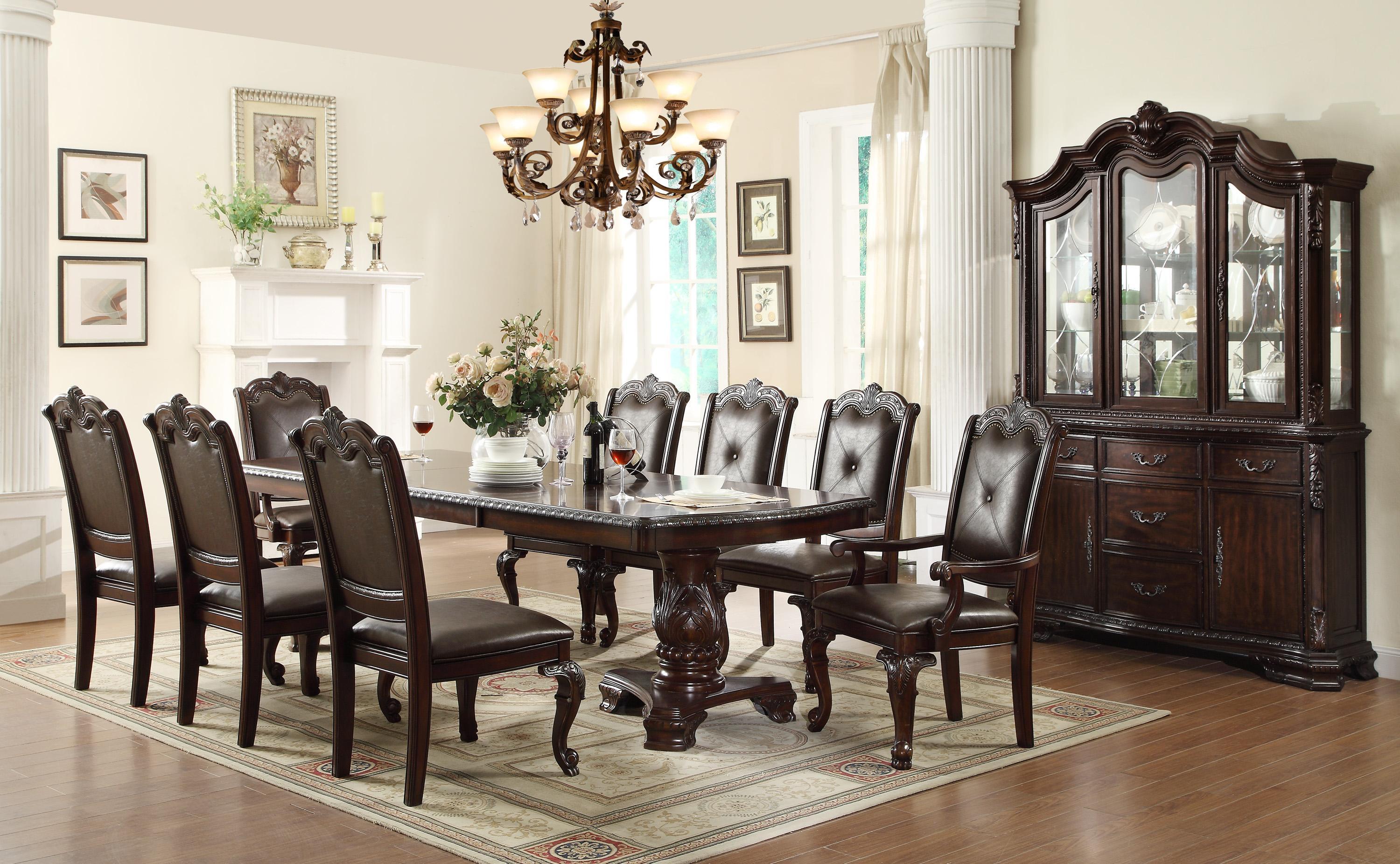 

    
Crown Mark 2150 Kiera Traditional Brown Finish Faux Leather Dining Room Set 7Pcs
