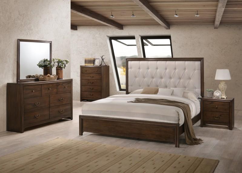 

    
Crown Mark B7600 Chloe Brown Finish White Linen Fabric Queen Size Bedroom Set 3Pcs
