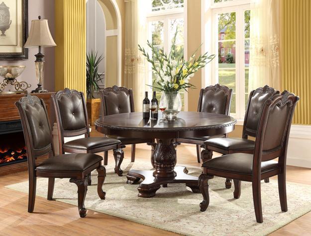 

    
Crown Mark D2150-60 Kiera Classic Brown Finish Round Table Dining Room Set 7Pcs
