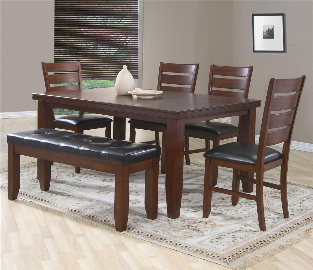 

    
Crown Mark D2157 Bardstown Traditional Veneer Top Dining Table w/ Bench Set 6Pcs
