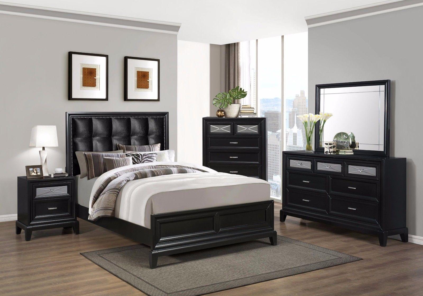 Contemporary Panel Bedroom Set Elise RB9380-Q-Set-3 in Black Fabric