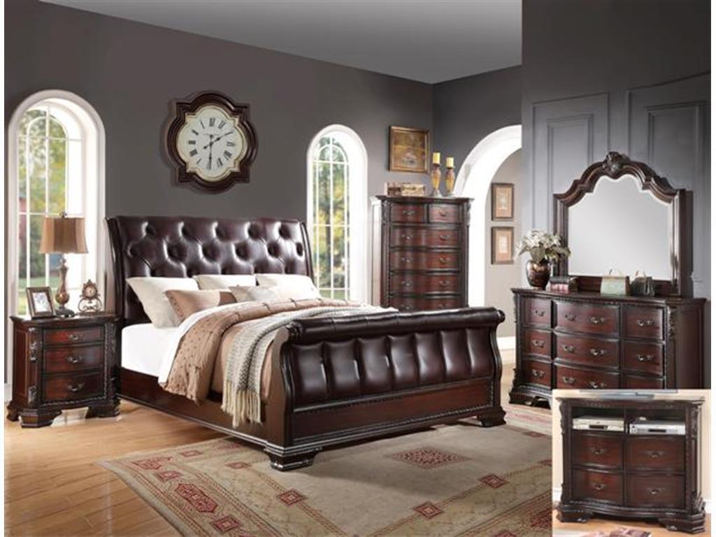 

    
Crown Mark Sheffield Traditional Rich Cherry Solid Wood Sleigh King Bedroom Set 5Pcs
