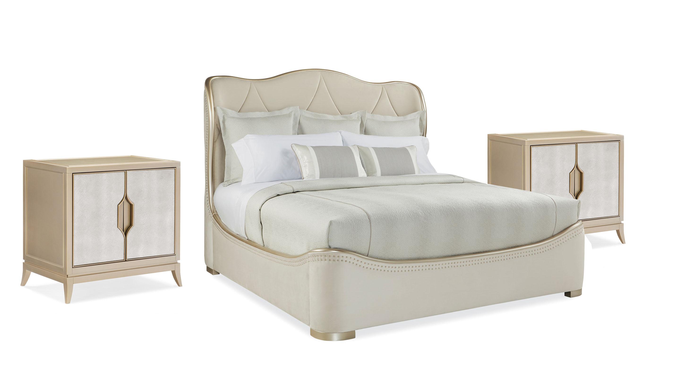 Contemporary Sleigh Bedroom Set ADELA KING BED / ADELA NIGHTSTAND C013-016-122-Set-3 in Cream Velvet