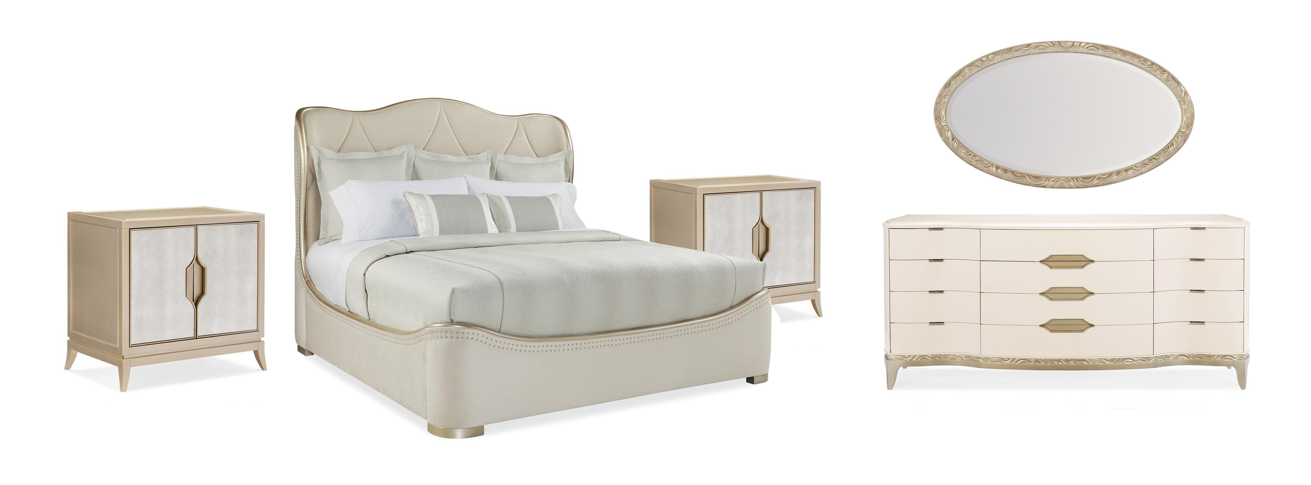Contemporary Sleigh Bedroom Set ADELA KING BED / ADELA NIGHTSTAND / ADELA DRESSER / ADELA MIRROR C013-016-122-Set-5 in Cream Velvet