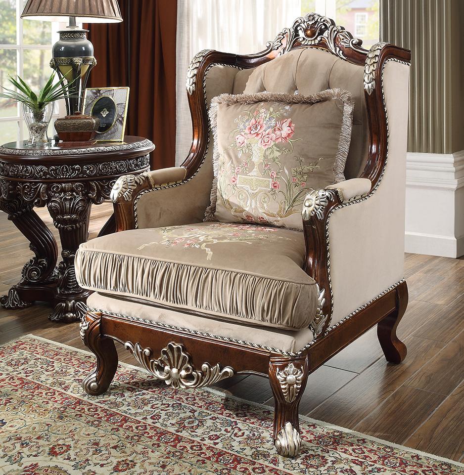 Traditional Arm Chairs HD-562 HD-C562 in Antique Silver, Brown Fabric