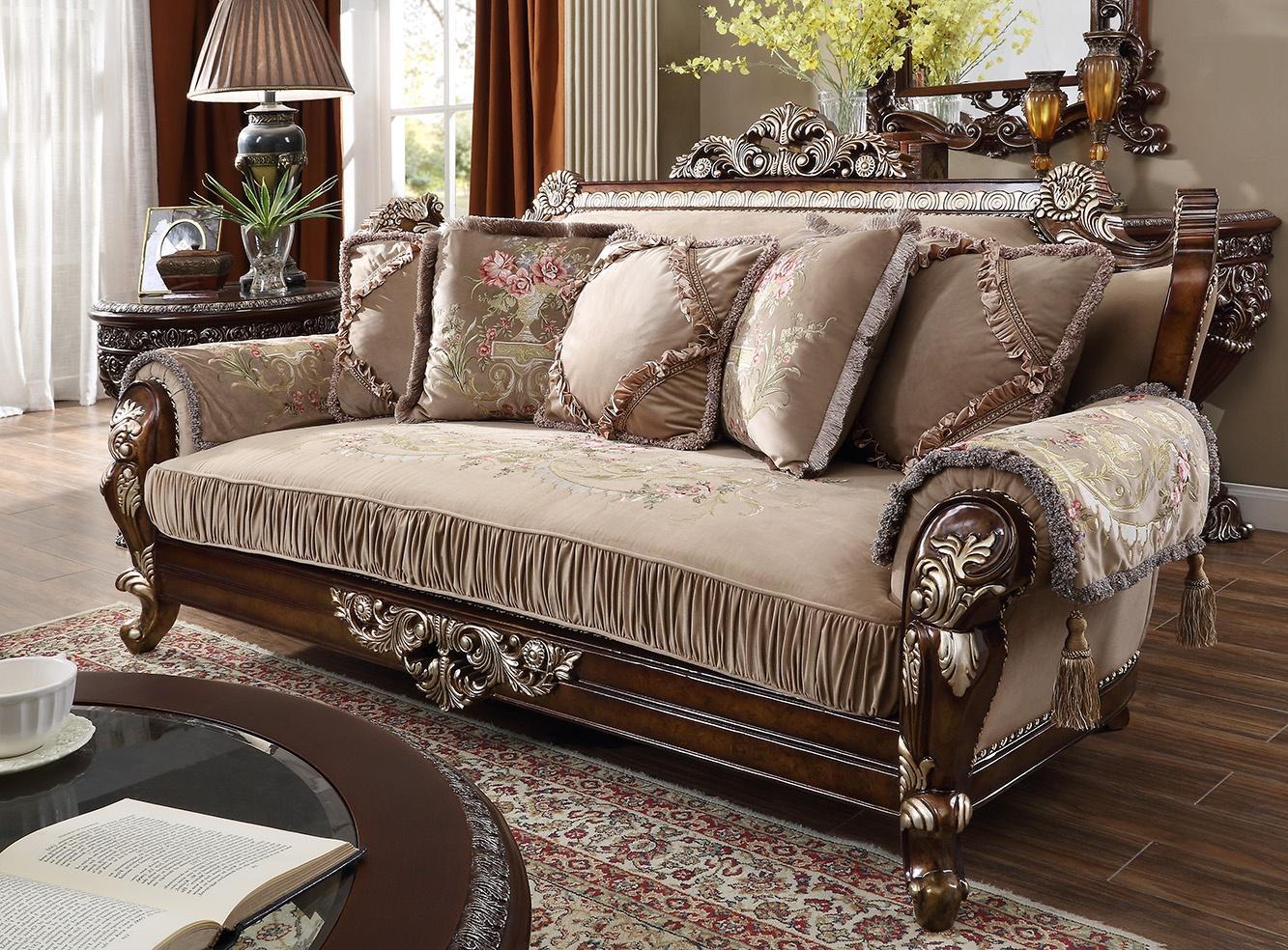 Traditional Sofa HD-562 HD-S562 in Antique Silver, Brown Fabric
