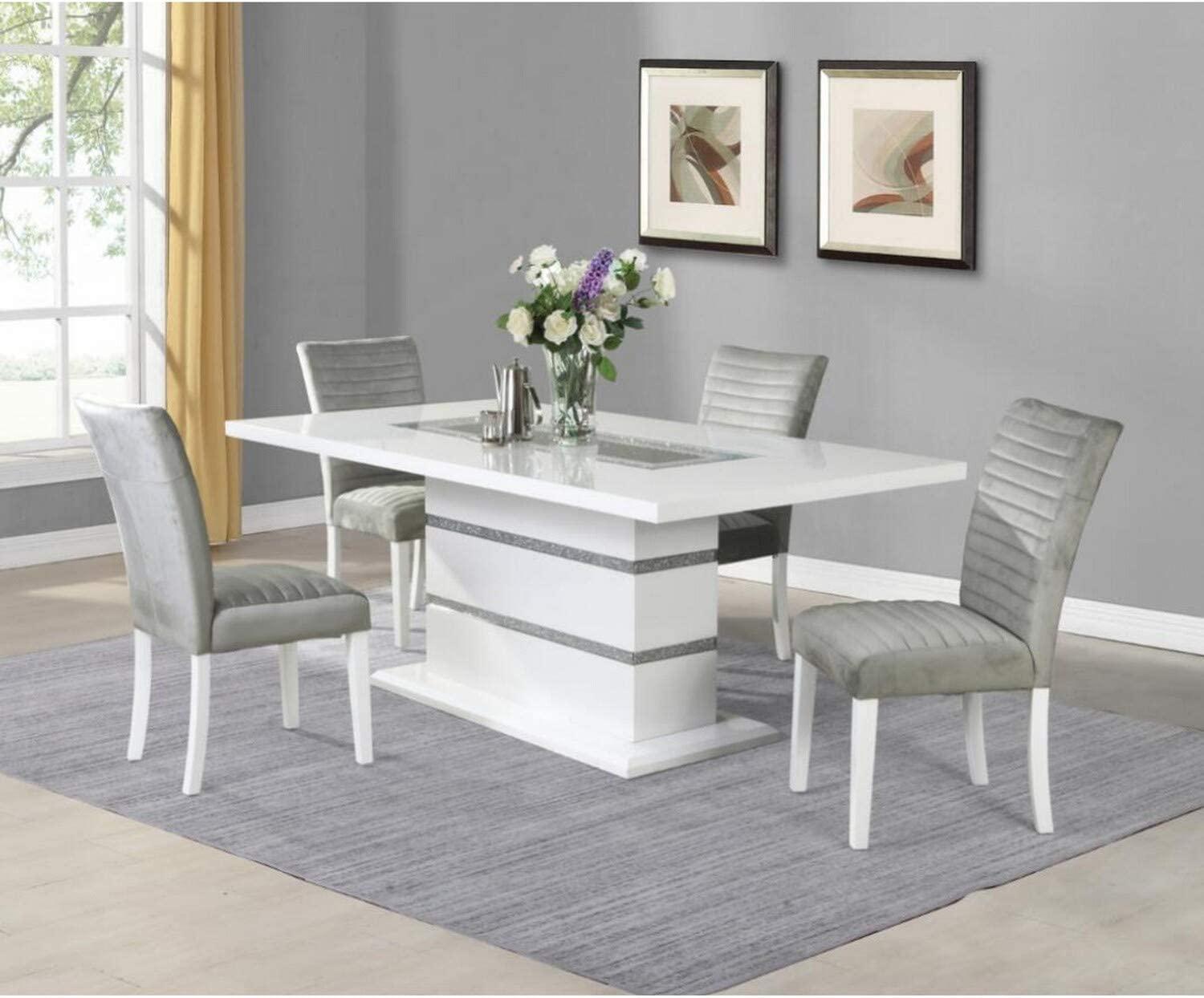 Contemporary Dining Table Set D1903DT / D1903DC-GRY D1903DT-Set-5 in Light Grey, White, Silver Velvet