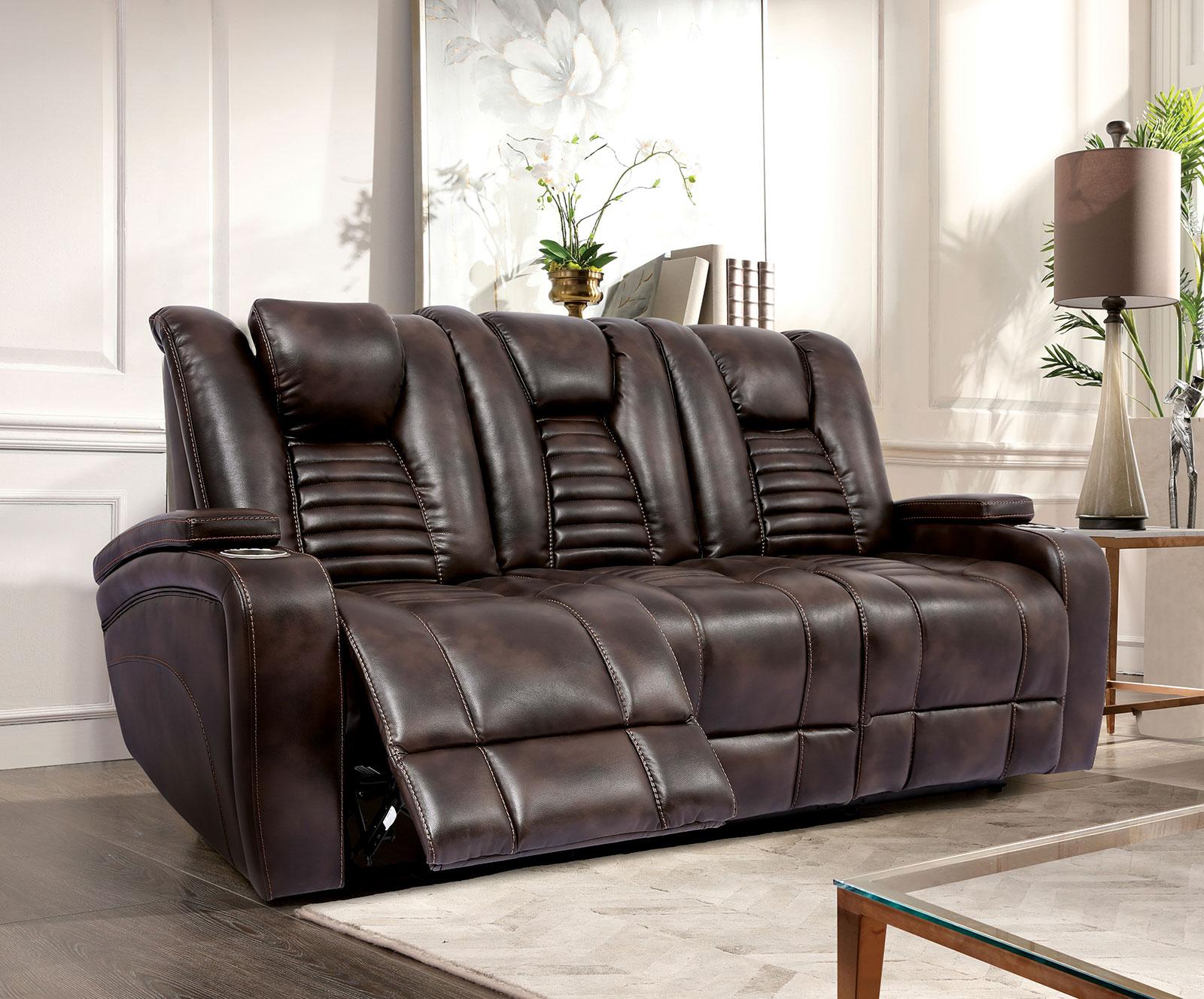 

    
Transitional Dark Brown Faux Leather Power Sofa Furniture of America CM9902-SF Abrielle
