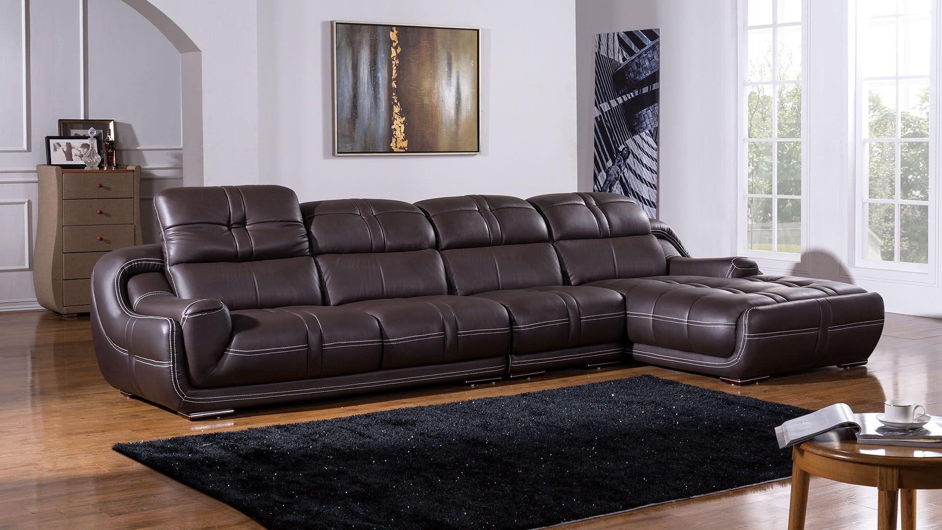 Contemporary, Modern Sectional Sofa EK-L201-DB EK-L201R-DB in Dark Brown Genuine Leather