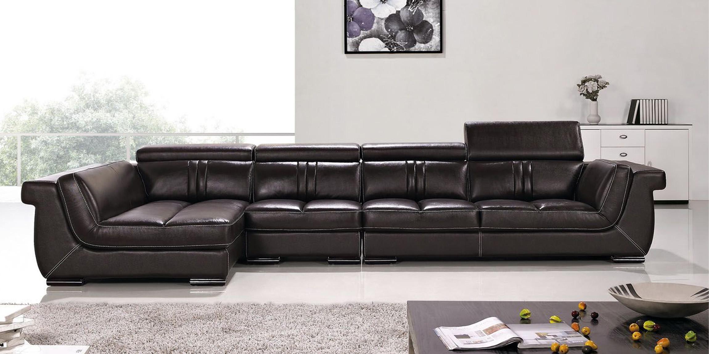 Contemporary, Modern Sectional Sofa EK-L202R-DB EK-L202R-DB in Dark Brown Italian Leather