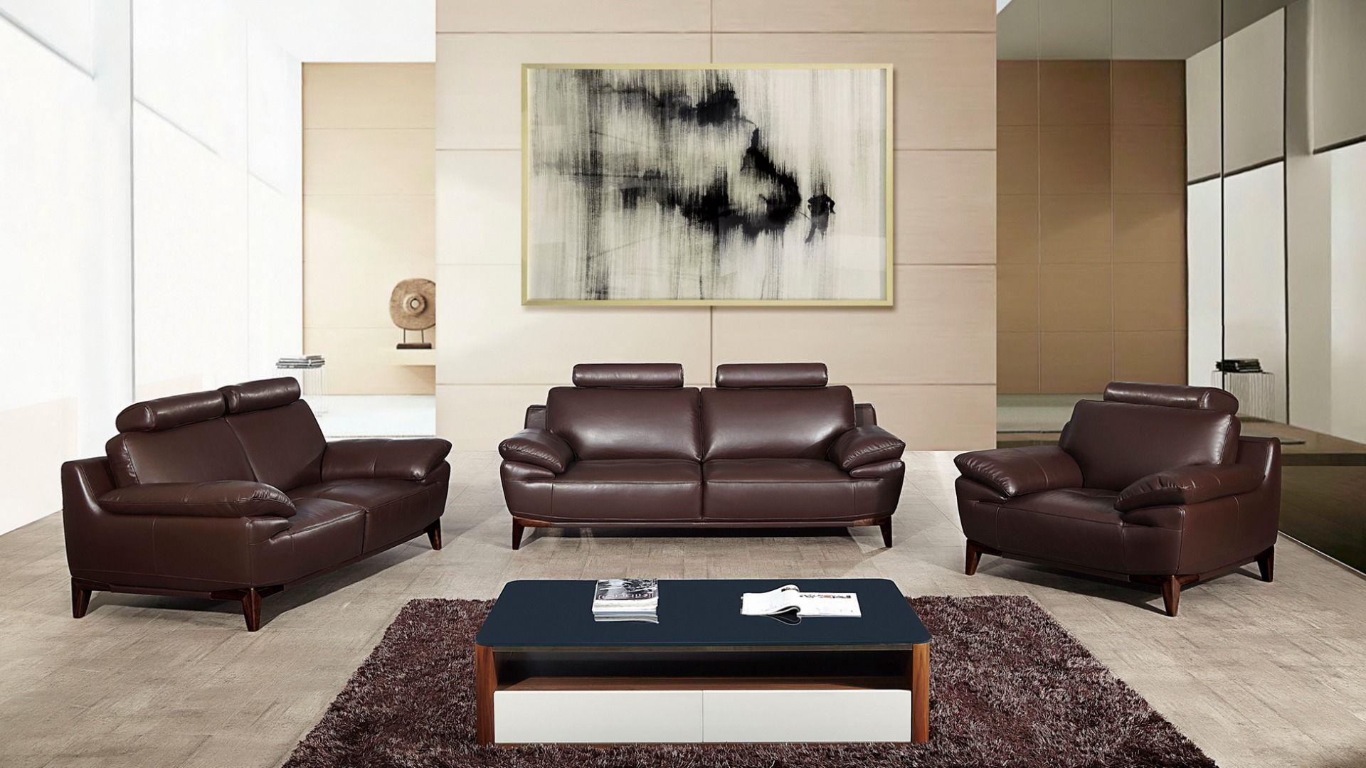 Contemporary, Modern Sofa Set EK028-DC EK028-DC-Set-3 in Dark Brown Top grain leather