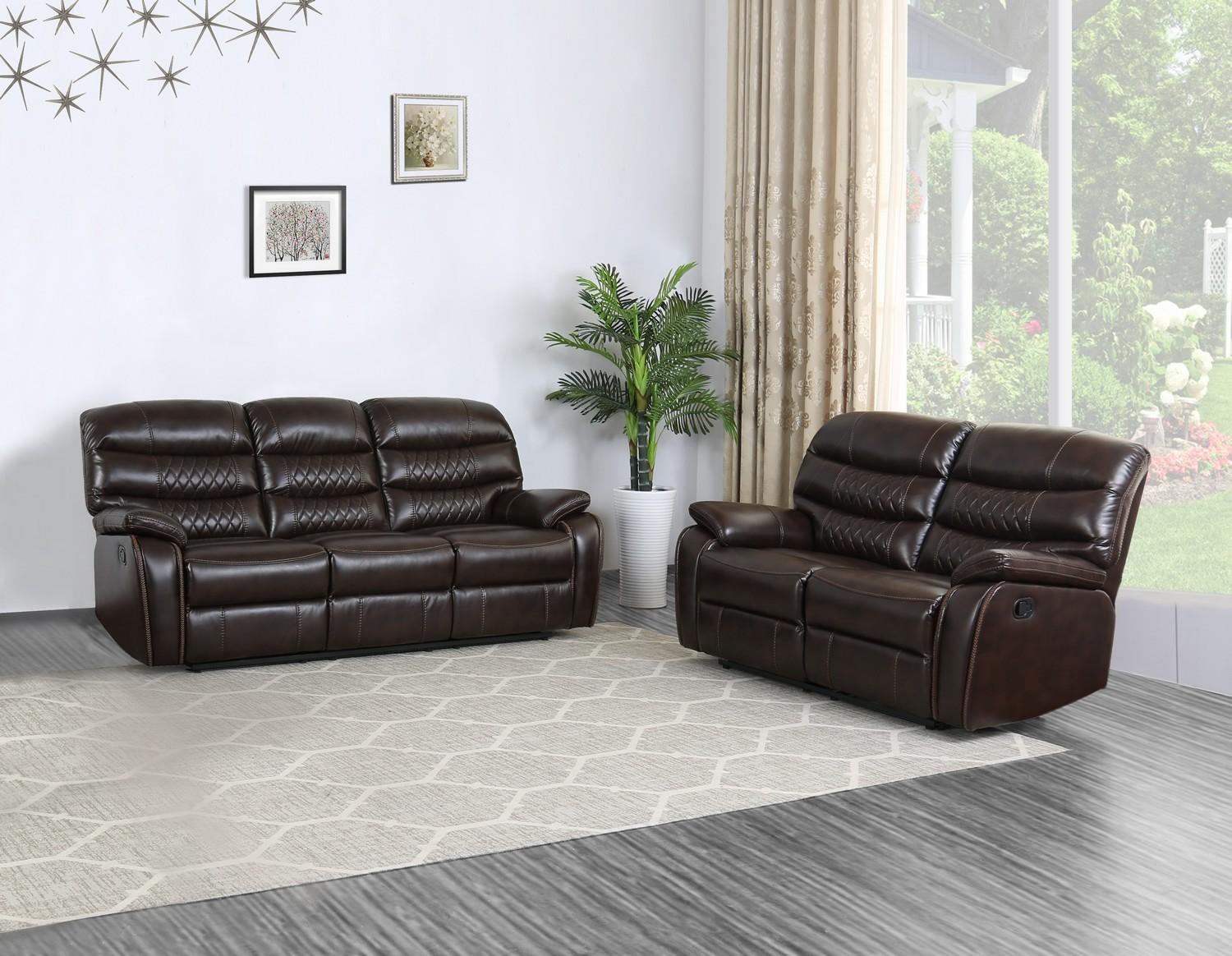 

    
Dark Brown Leather Air Reclining Sofa & Loveseat Set Modern Global United 5052
