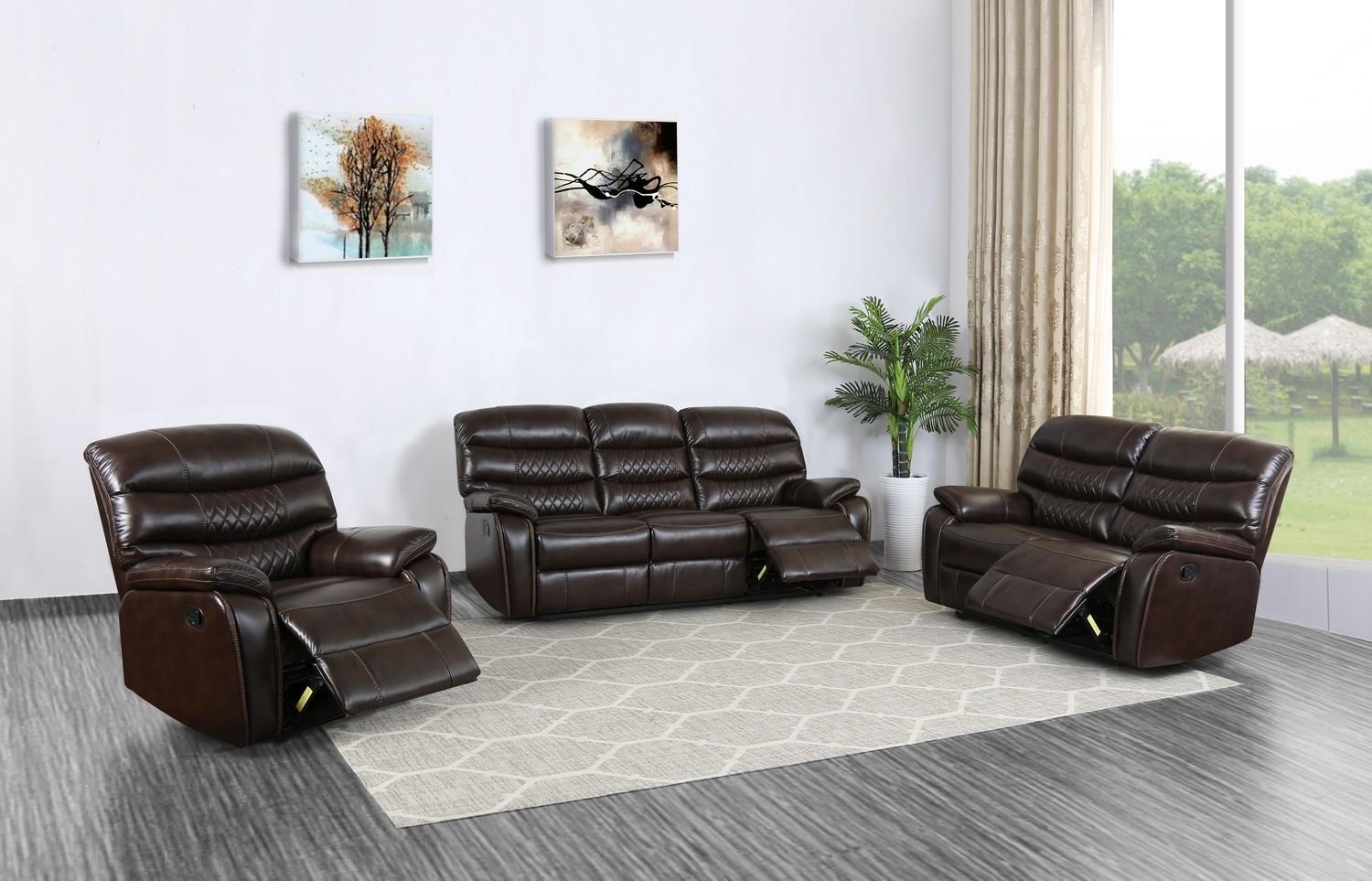 

    
Dark Brown Leather Air Reclining Sofa Set 3Pcs Modern Global United 5052
