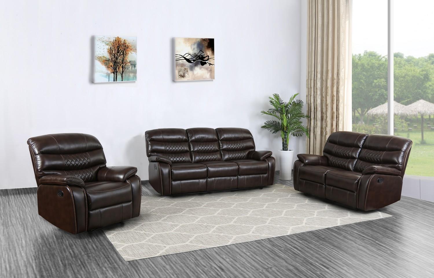 

    
Dark Brown Leather Air Reclining Sofa Set 3Pcs Modern Global United 5052
