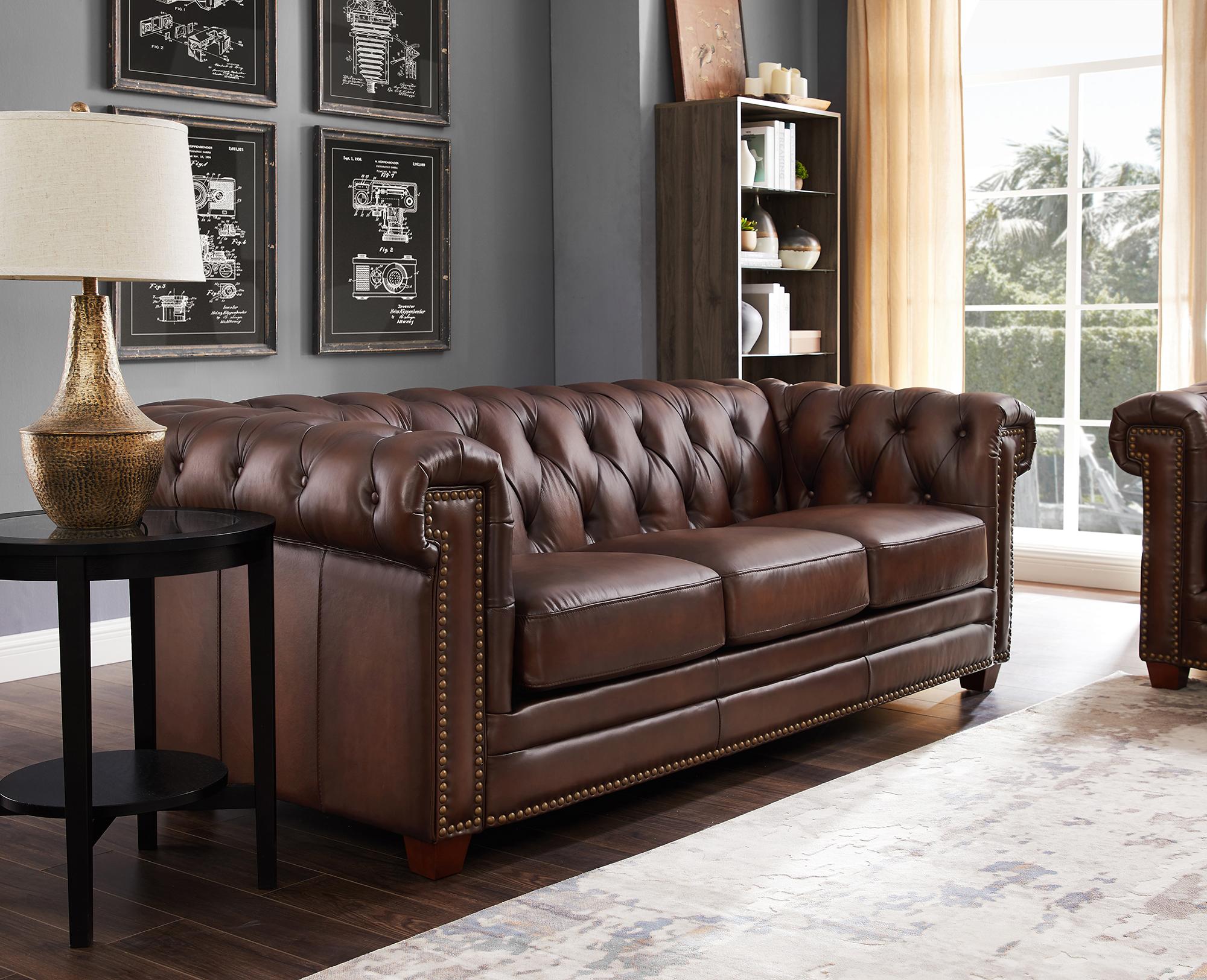 

    
Dark Brown STANWOOD Genuine Leather Sofa HYDELINE® Traditional Classic
