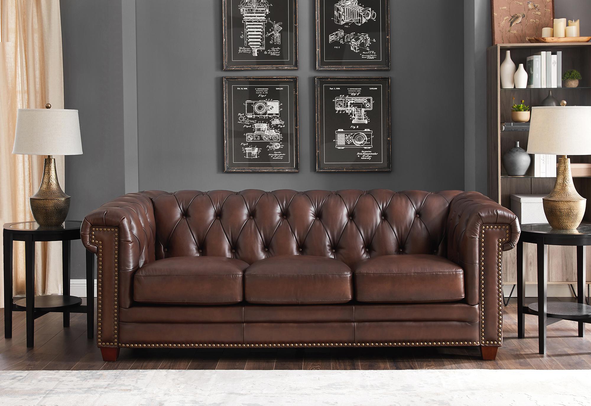 

    
Dark Brown STANWOOD Genuine Leather Sofa HYDELINE® Traditional Classic
