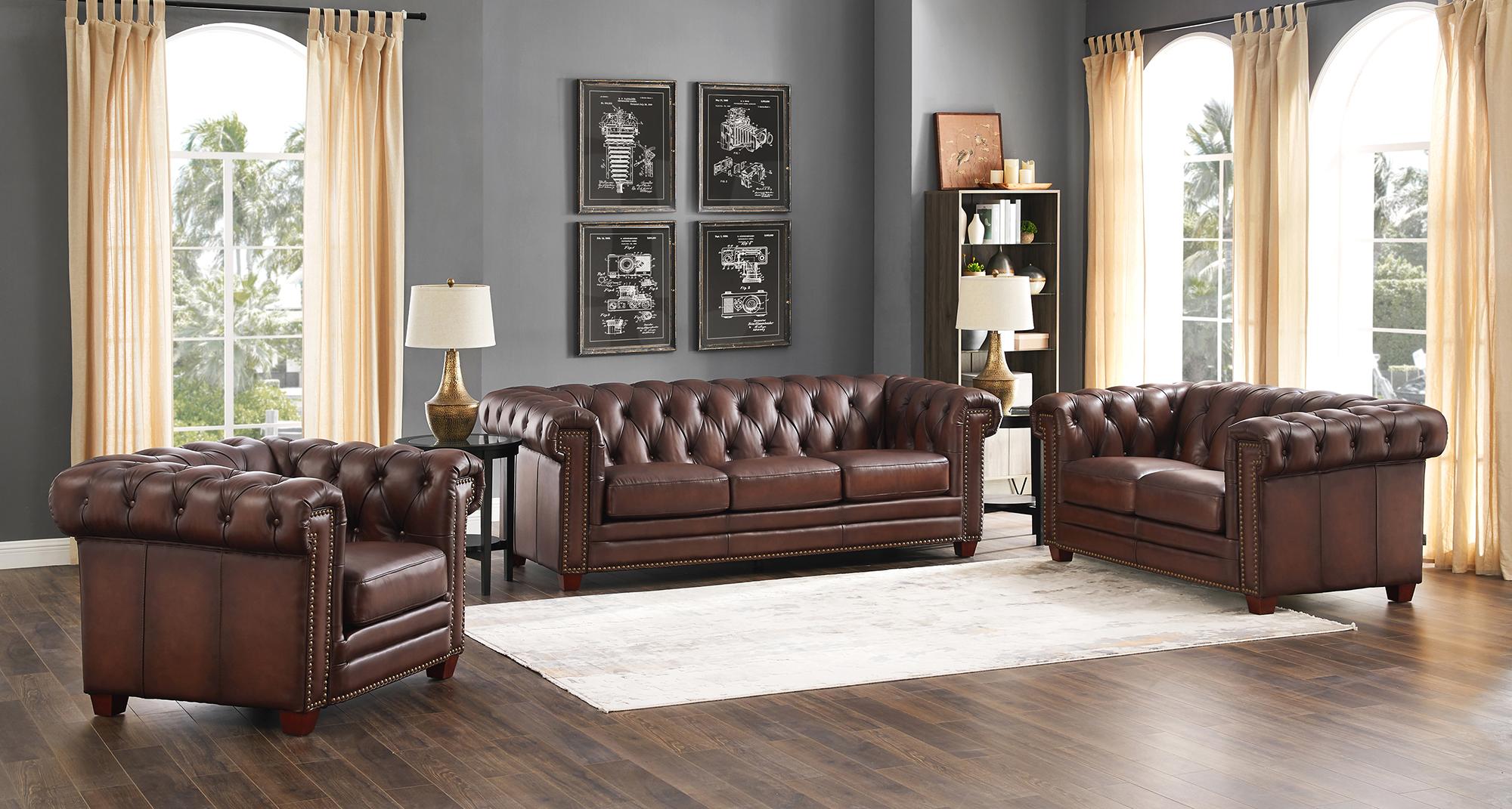 

    
Dark Brown STANWOOD Genuine Leather Sofa Set 3Pcs HYDELINE® Traditional Classic
