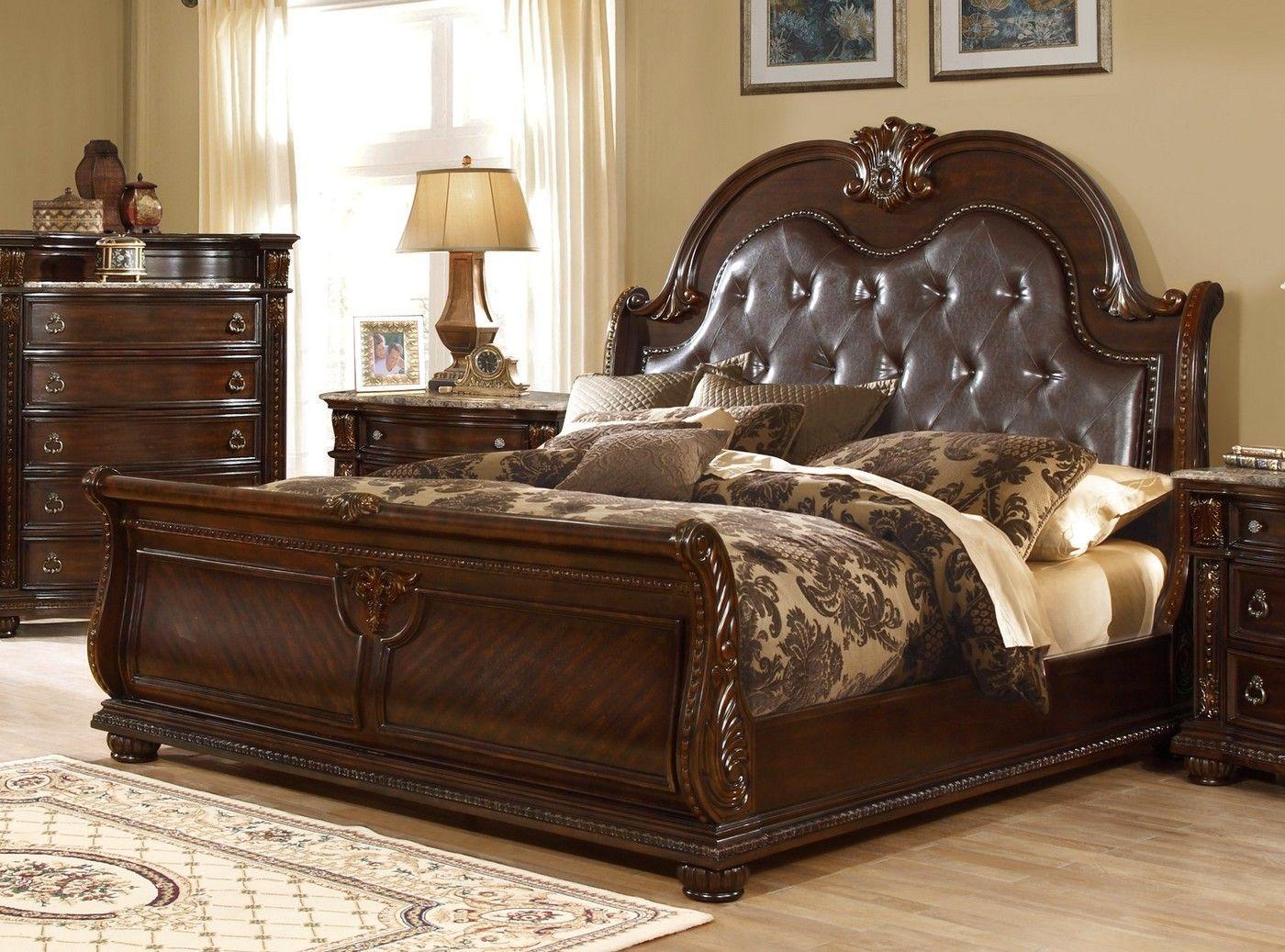 Classic, Traditional Sleigh Bed B9505 B9505-EK in Dark Cherry Bonded Leather