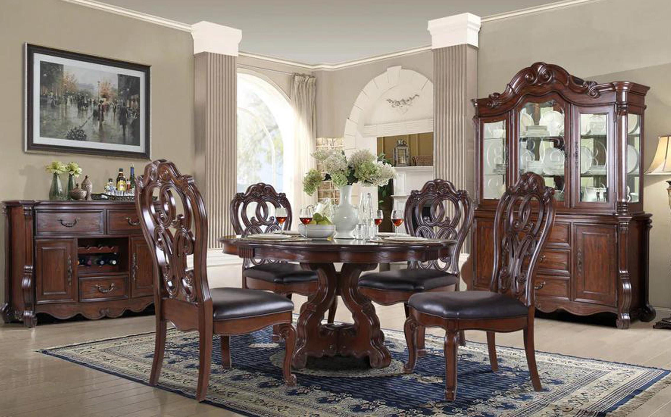 

    
Dark Cherry Carved Wood 60" Round Table Set 5 Pcs Traditional McFerran D528-6060
