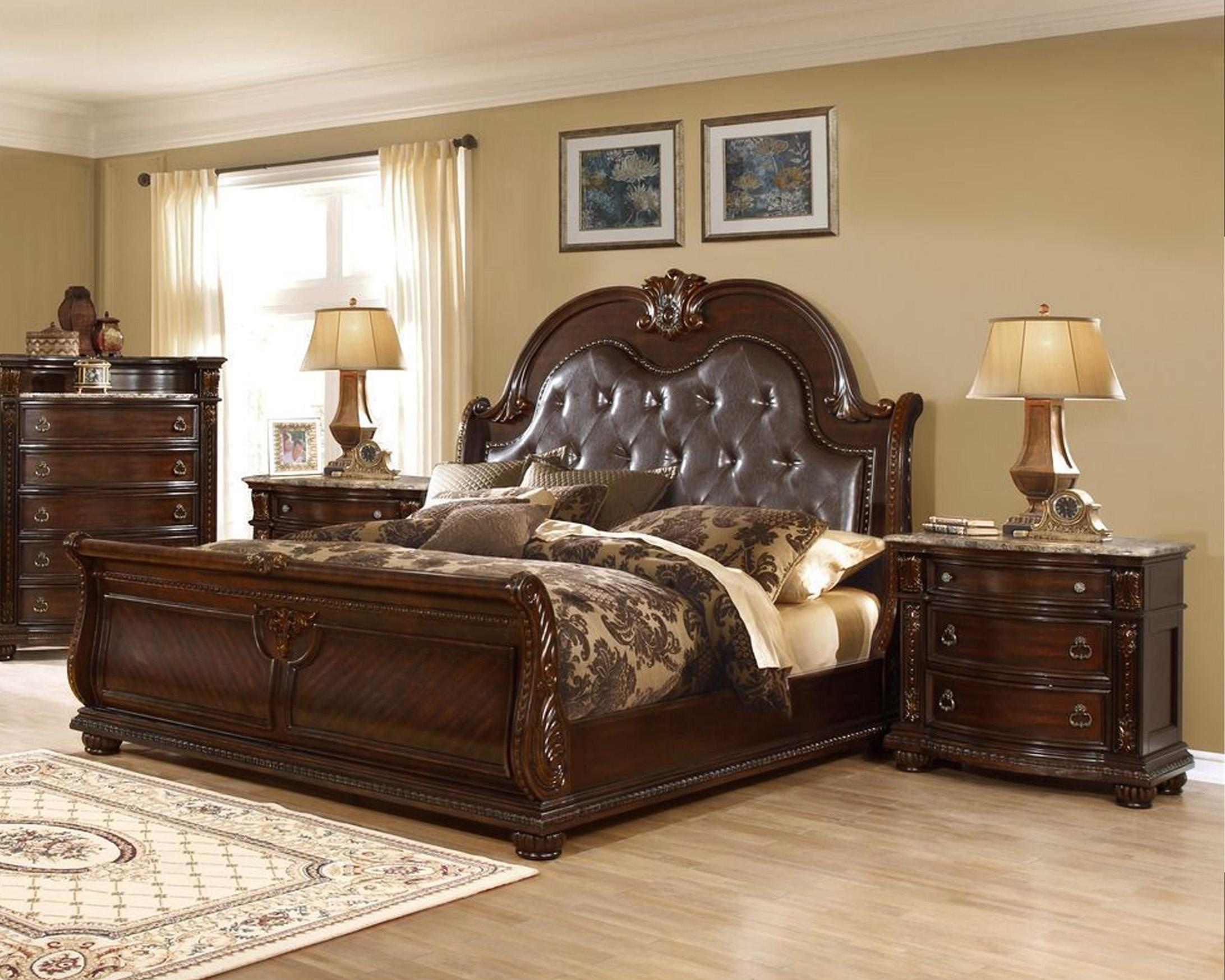 Classic, Traditional Sleigh Bedroom Set B9505 B9505-EK-N-2PC in Dark Cherry Bonded Leather